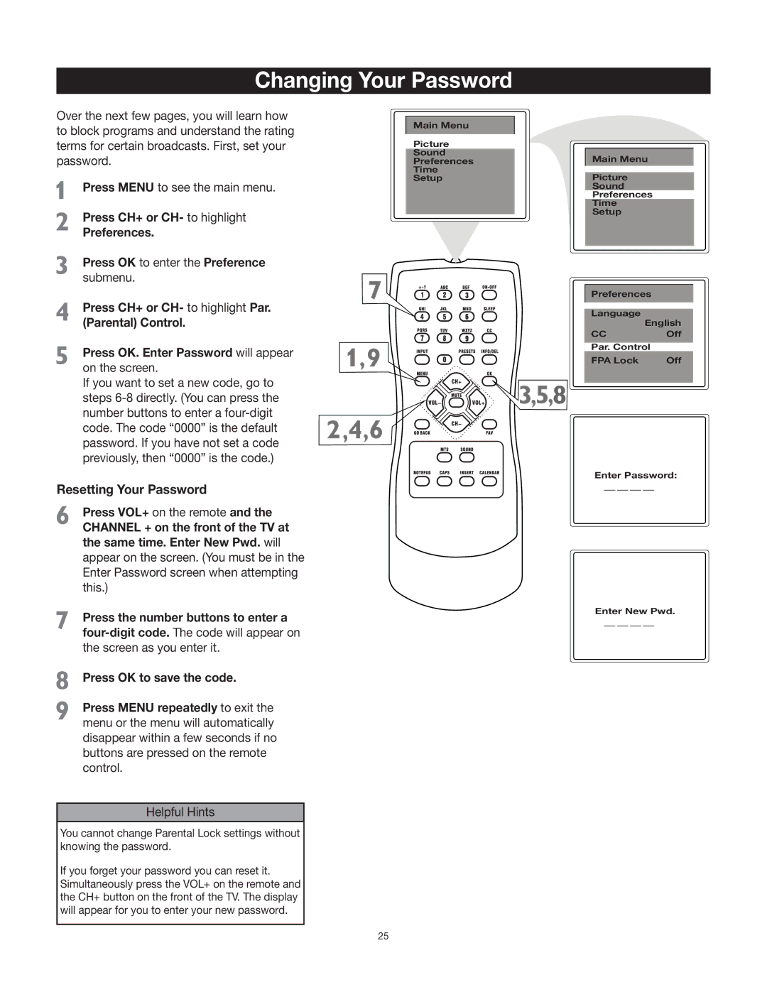 RCA 27F522T, 20F542T manual Changing Your Password, Resetting Your Password 