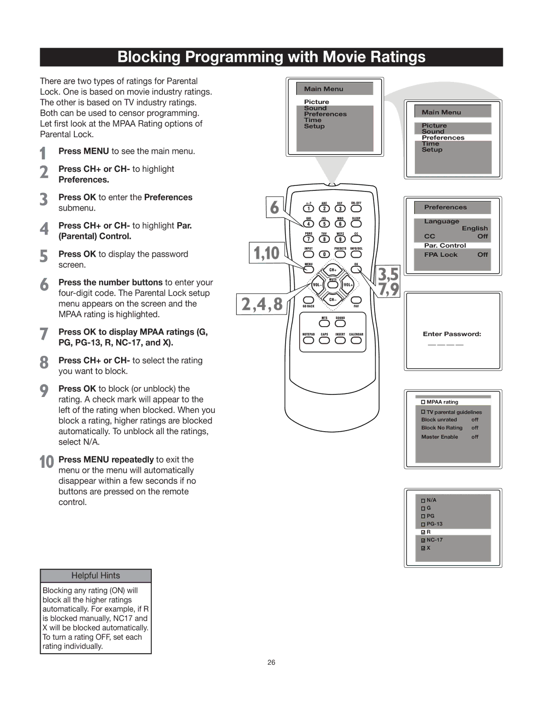 RCA 20F542T, 27F522T manual Blocking Programming with Movie Ratings, Press CH+ or CH- to highlight Par. Parental Control 