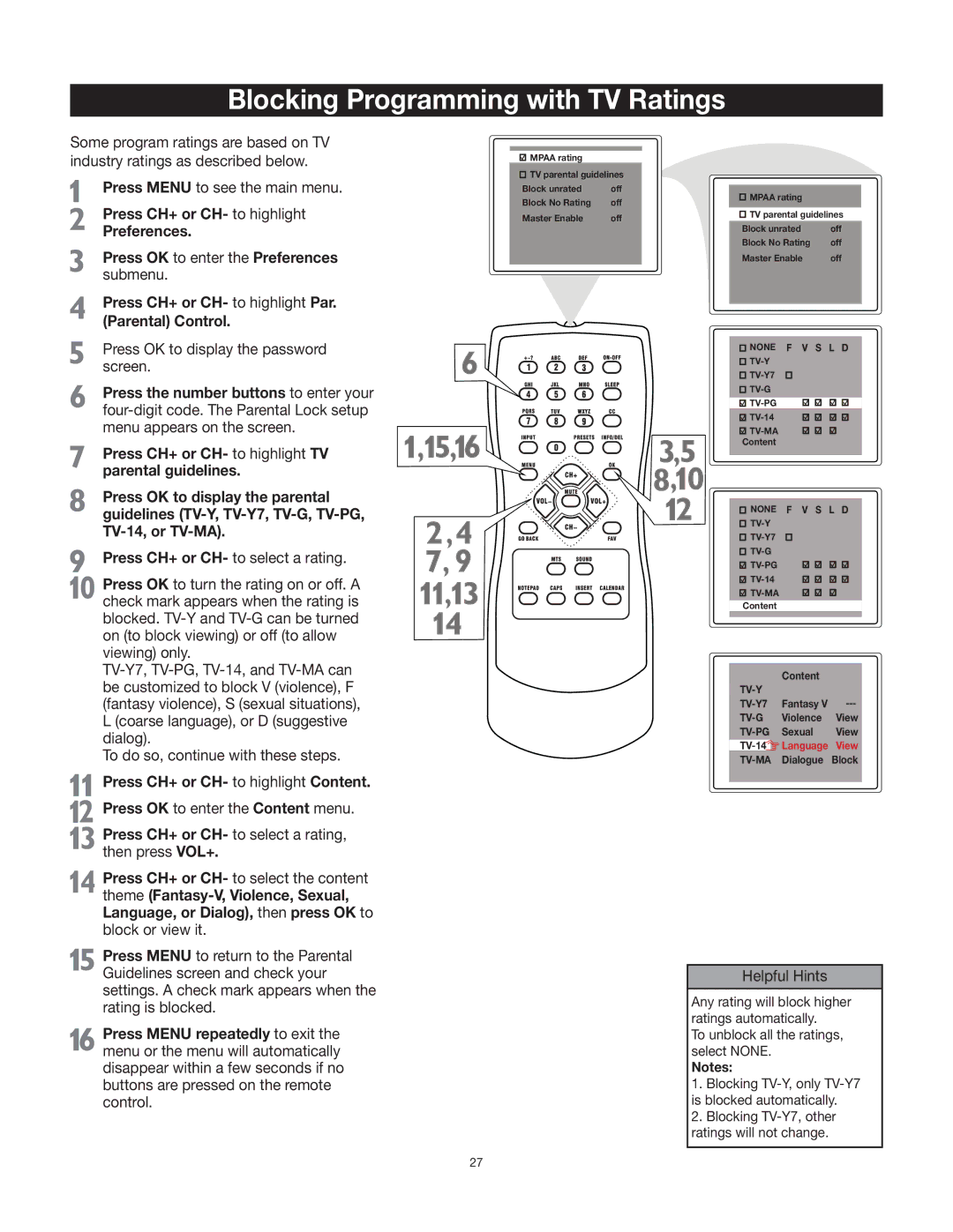 RCA 27F522T, 20F542T manual Blocking Programming with TV Ratings, Press CH+ or CH- to highlight Content 