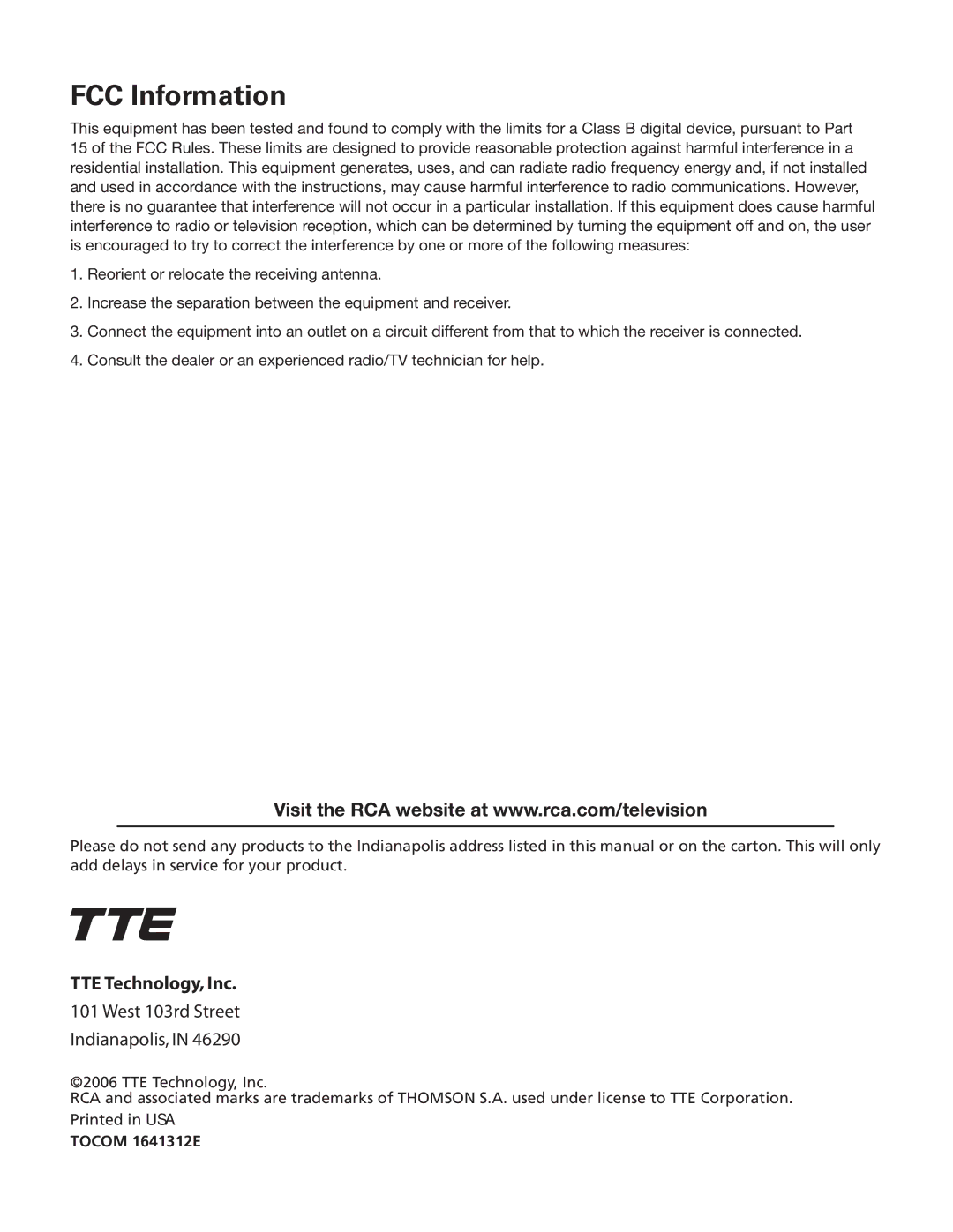 RCA 27F522T, 20F542T manual FCC Information, Tocom 1641312E 