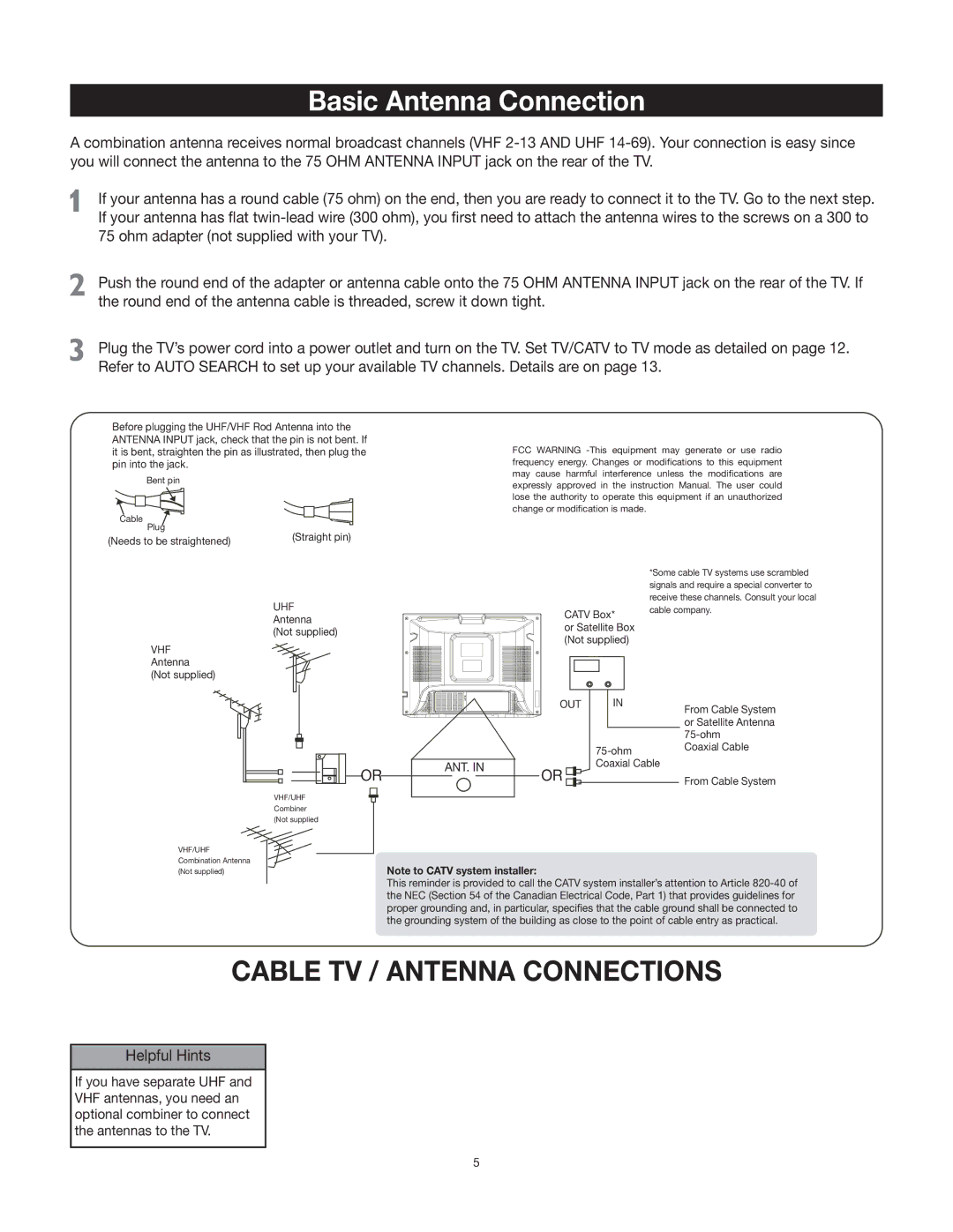 RCA 27F522T, 20F542T manual Basic Antenna Connection, Vhf 