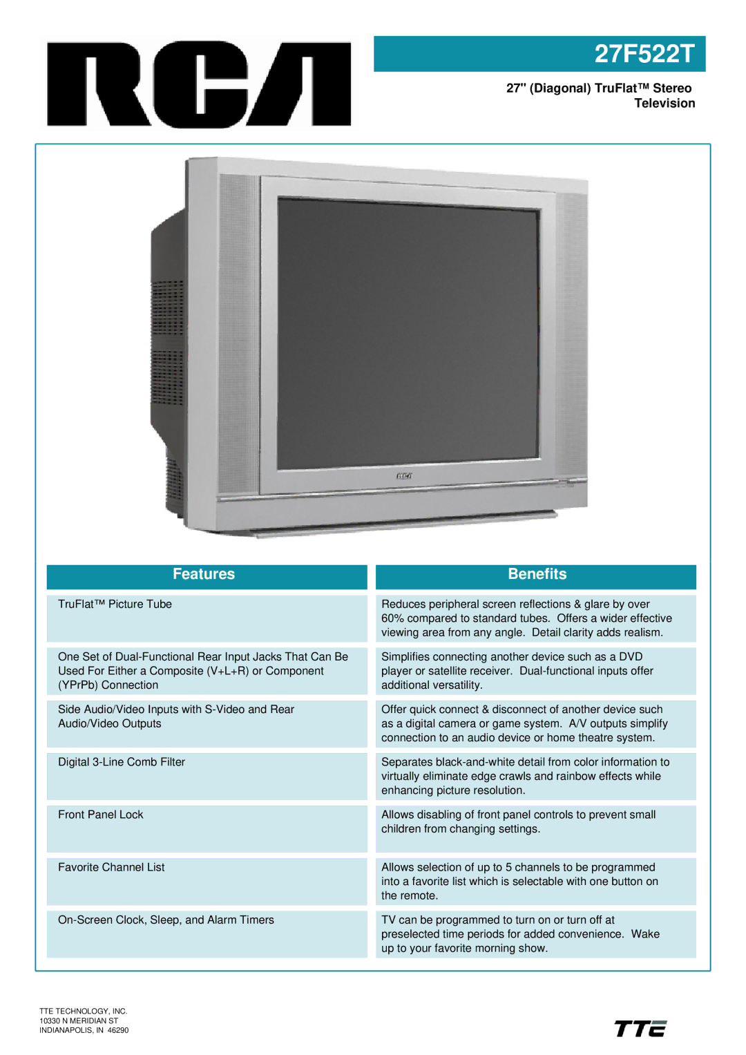 RCA 27F522T manual Features Benefits, Diagonal TruFlat Stereo Television 