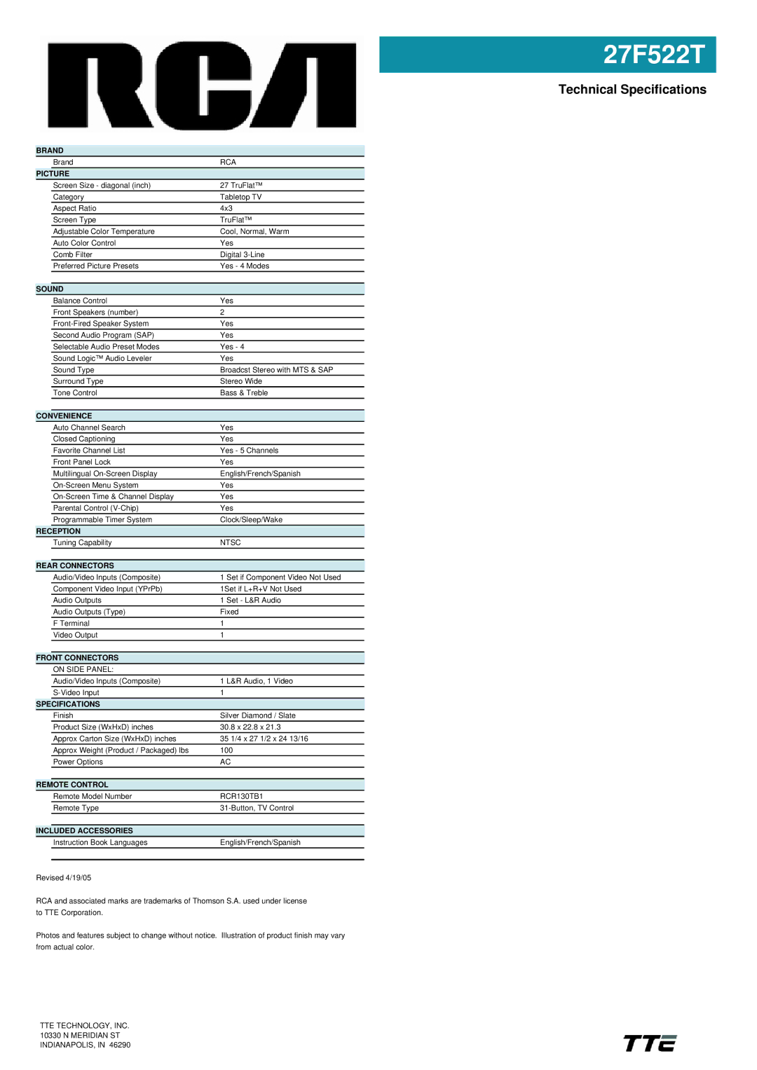 RCA 27F522T manual Technical Specifications 