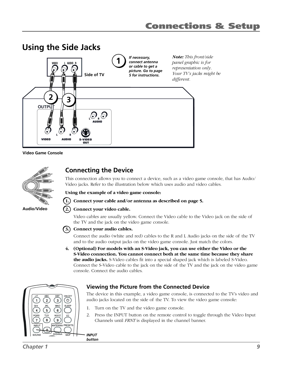 RCA 27F524T manual Using the Side Jacks, Your TV’s jacks might be different 