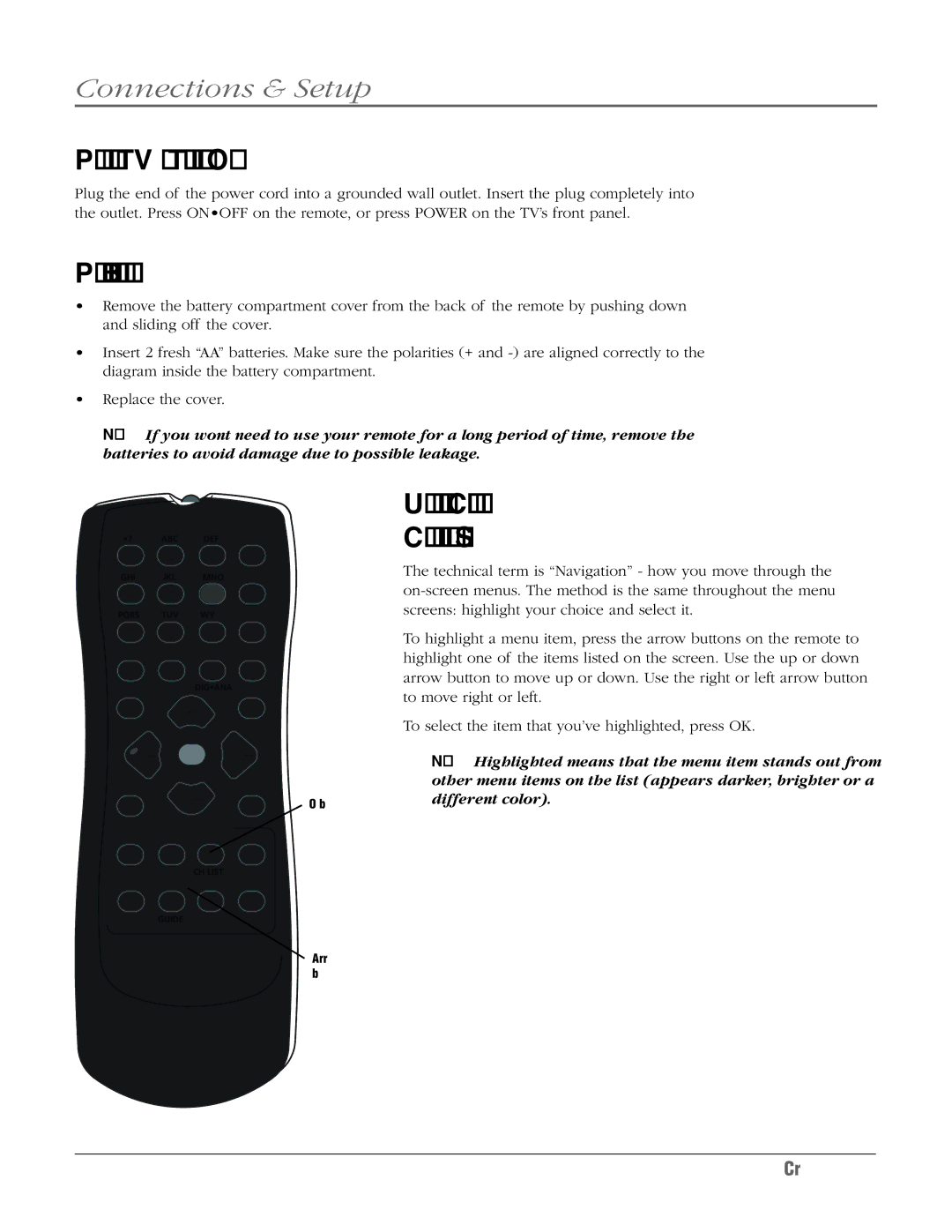 RCA 27F524T manual Plug in the TV and Turn It On, Put Batteries in the Remote 