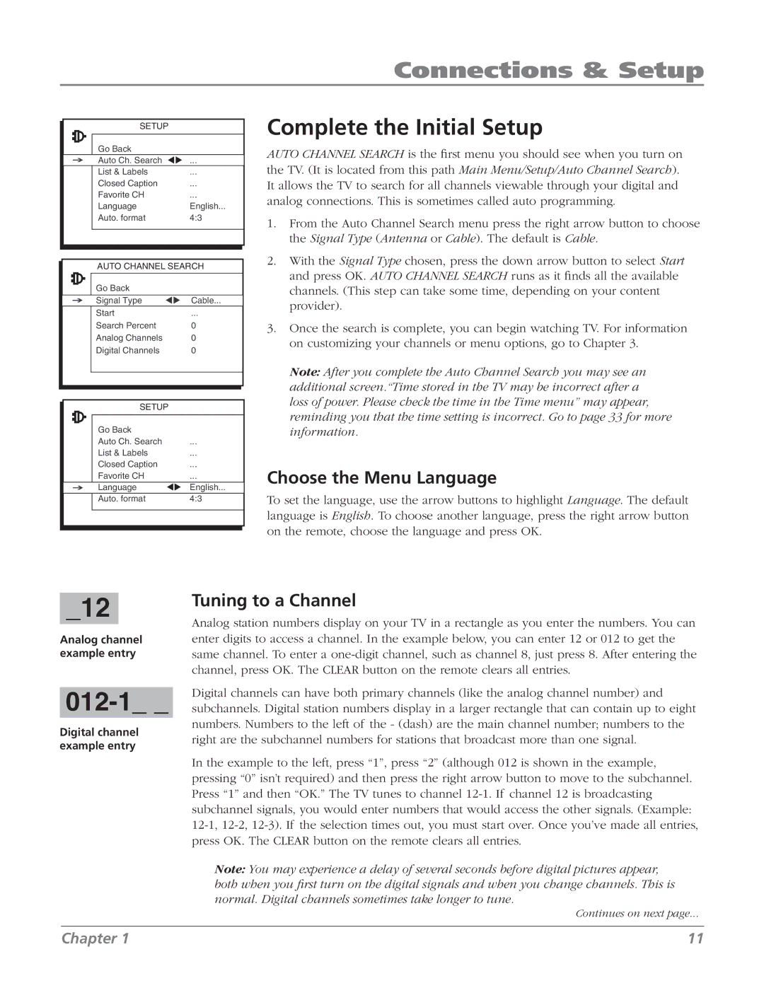 RCA 27F524T manual Complete the Initial Setup, Choose the Menu Language, Tuning to a Channel, Auto Channel Search 