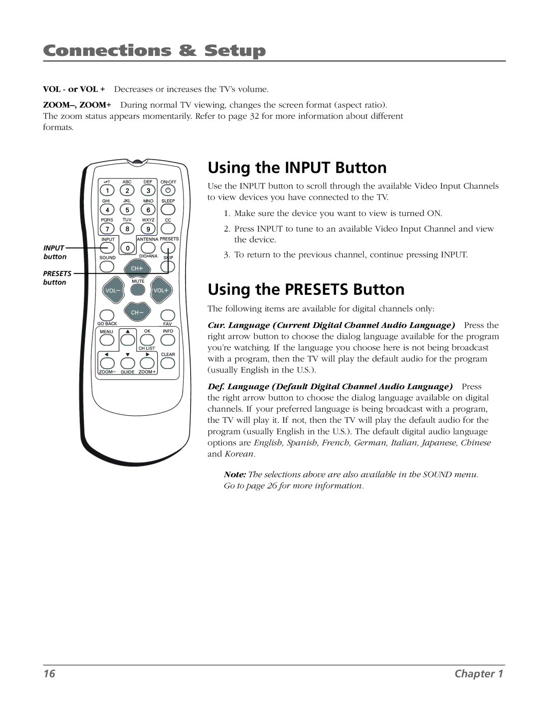 RCA 27F524T manual Using the Input Button, Using the Presets Button 