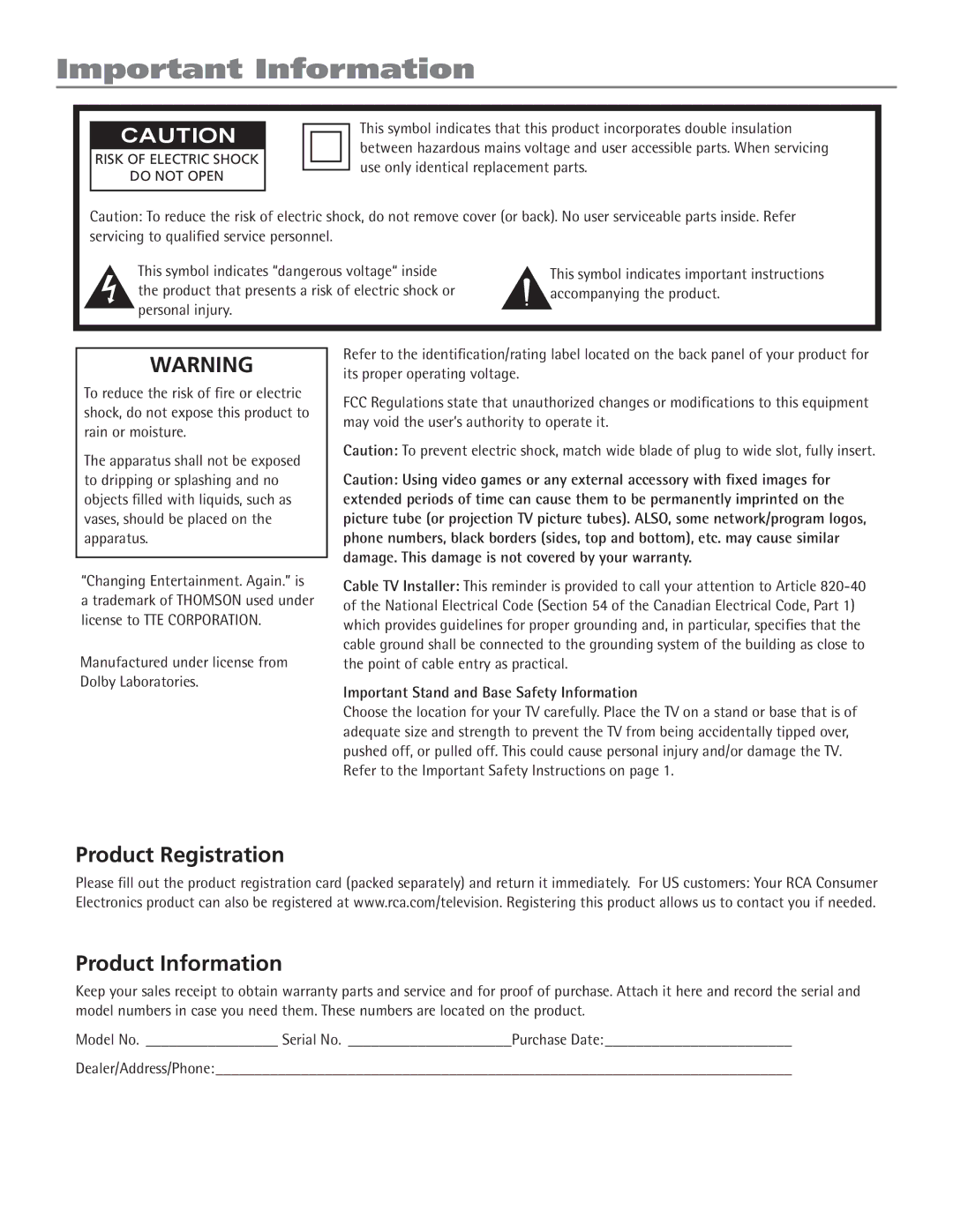 RCA 27F524T manual Important Information, Product Registration Product Information 