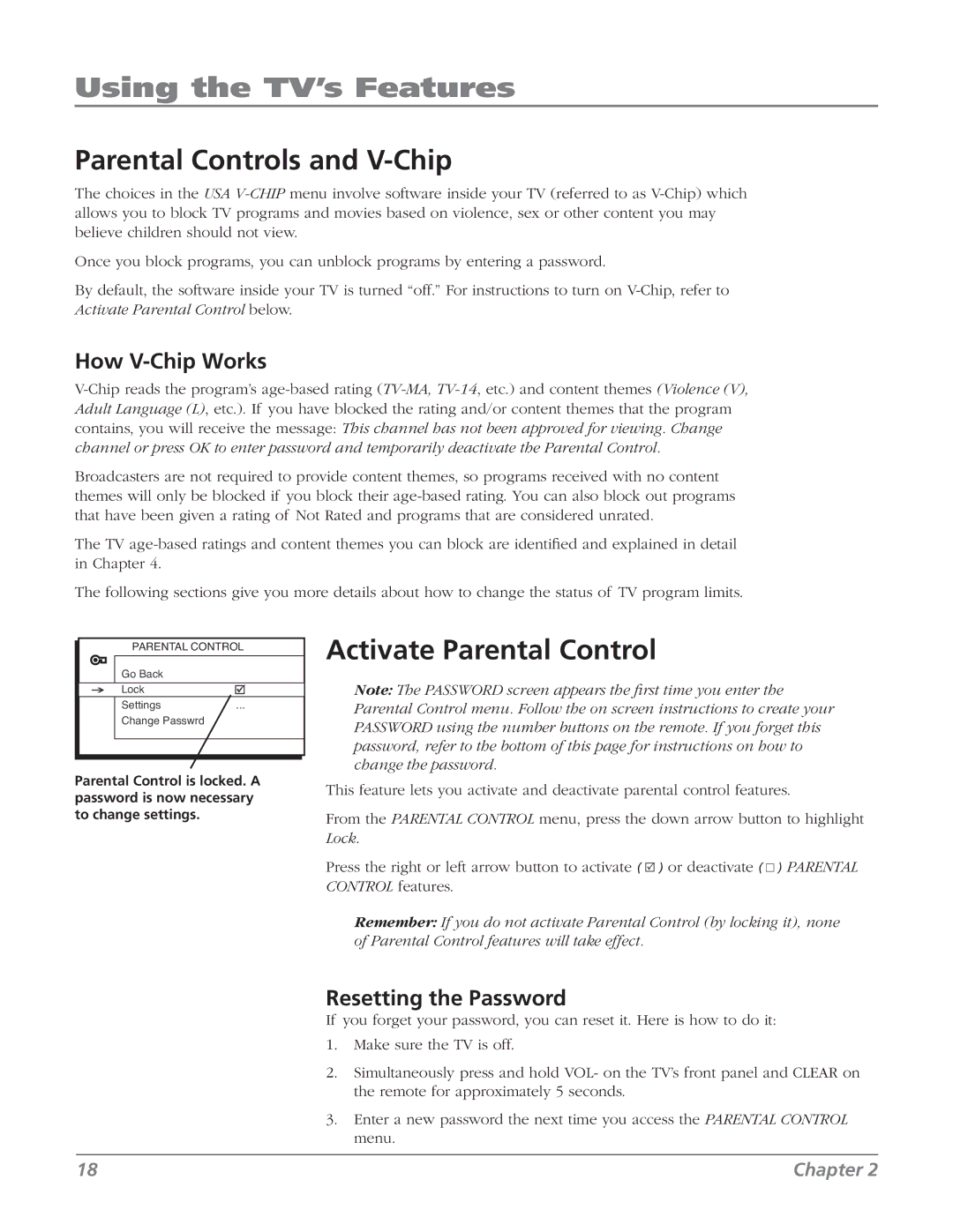 RCA 27F524T manual Using the TV’s Features, Parental Controls and V-Chip, Activate Parental Control, How V-Chip Works 