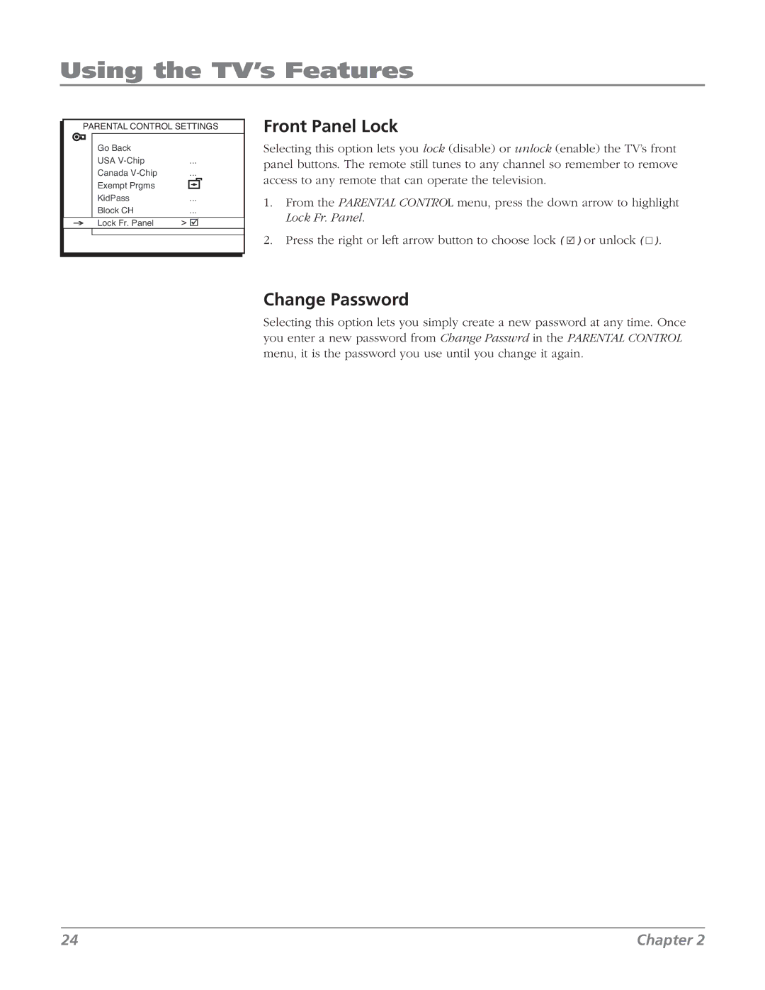 RCA 27F524T manual Front Panel Lock, Change Password 