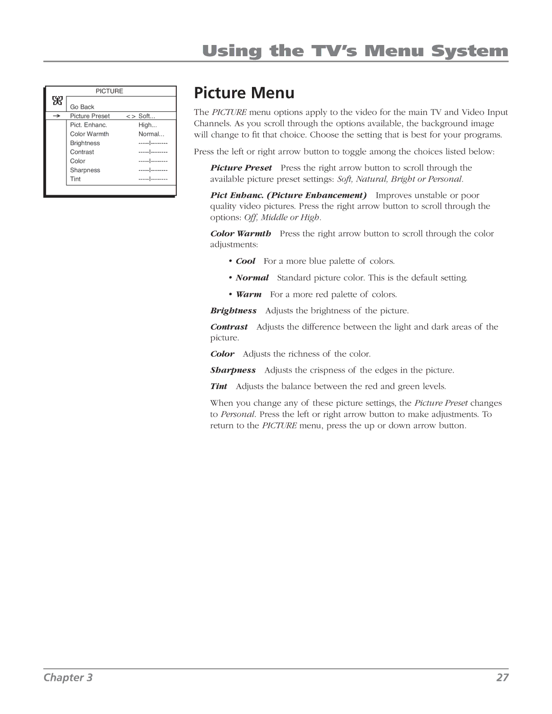 RCA 27F524T manual Picture Menu 