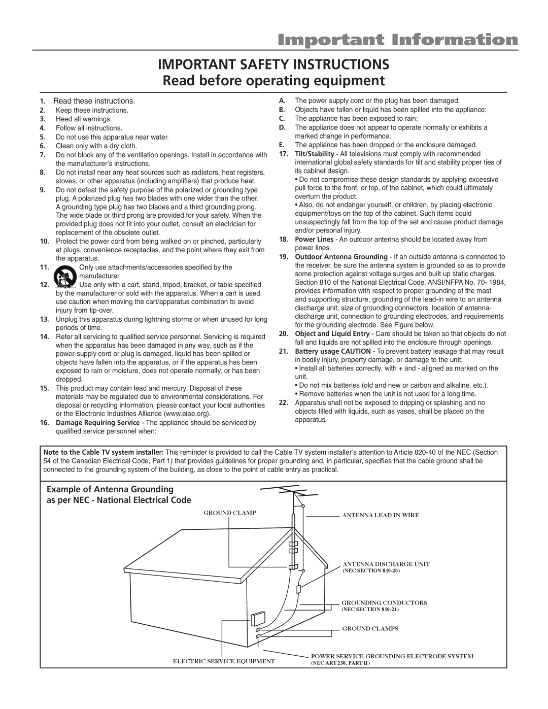 RCA 27F524T manual Important Safety Instructions 