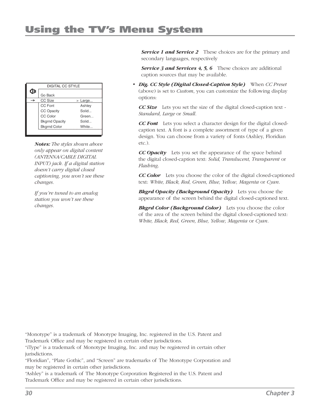 RCA 27F524T manual Dig. CC Style Digital Closed-Caption Style When CC Preset, Digital CC Style 