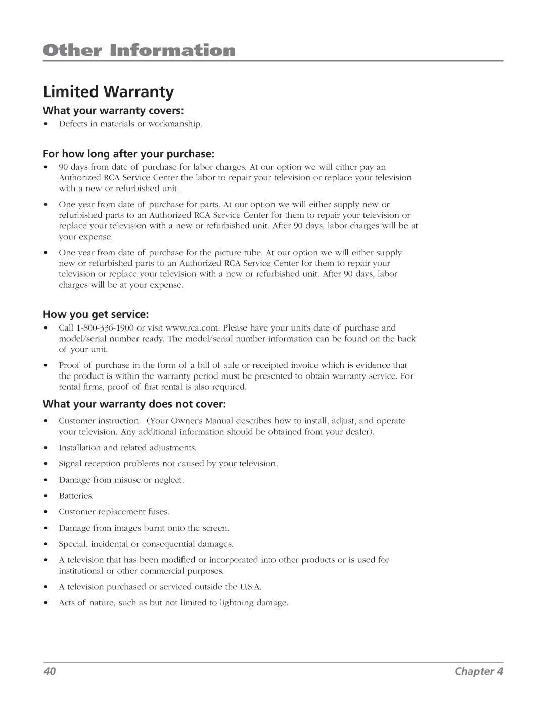 RCA 27F524T manual Limited Warranty, What your warranty covers, For how long after your purchase, How you get service 