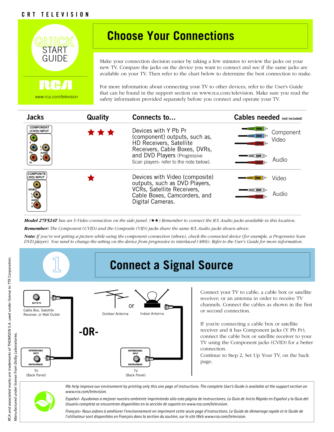 RCA 27F524T manual Choose Your Connections, Connect a Signal Source, Video Audio 