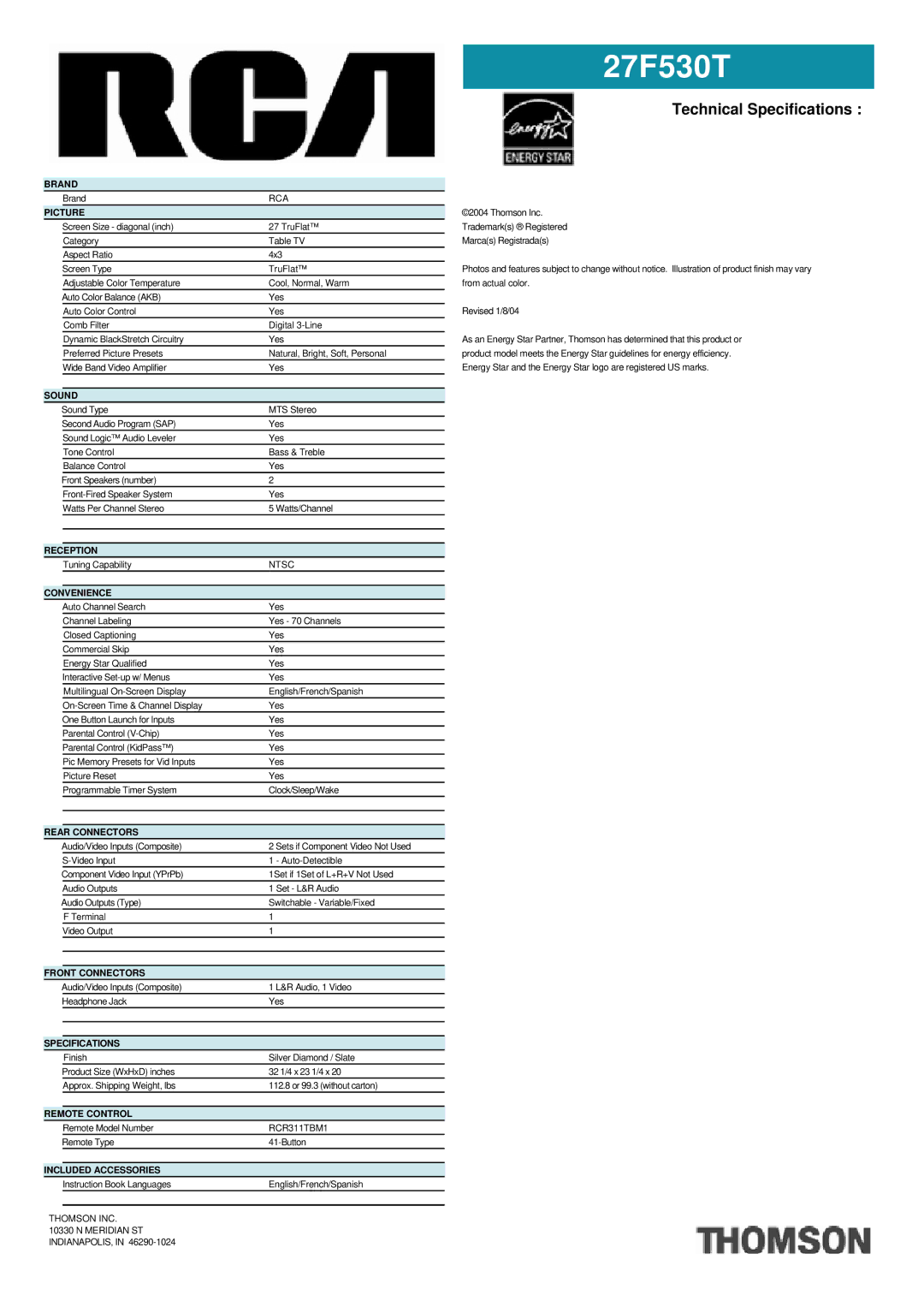 RCA 27F530T manual Technical Specifications 