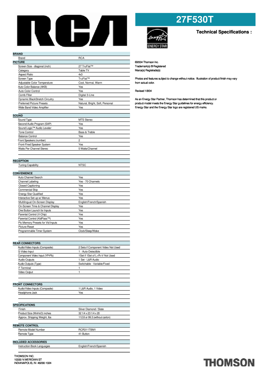 RCA 27F530T manual Technical Specifications 