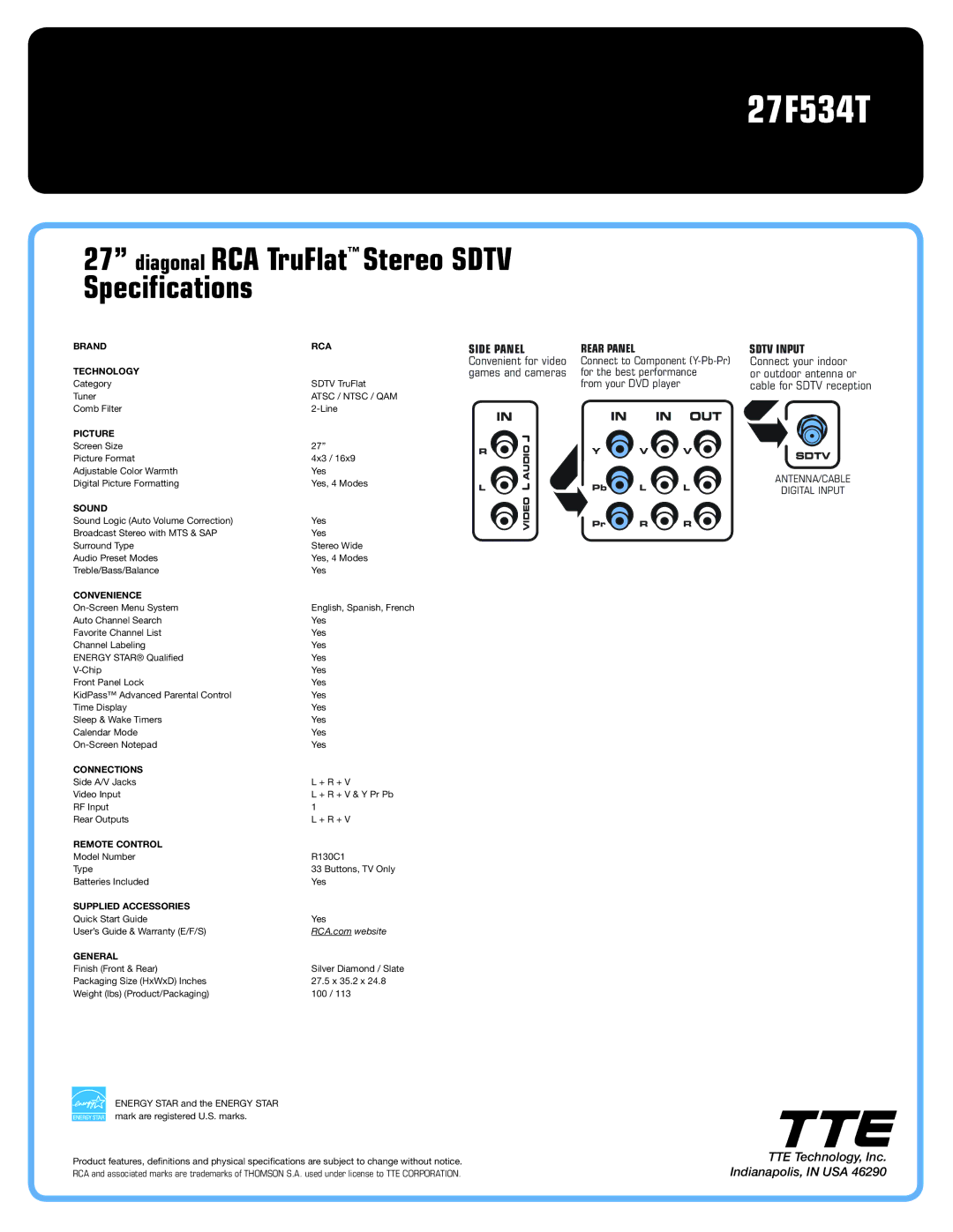 RCA 27F534T manual Diagonal RCA TruFlat Stereo Sdtv Specifications 