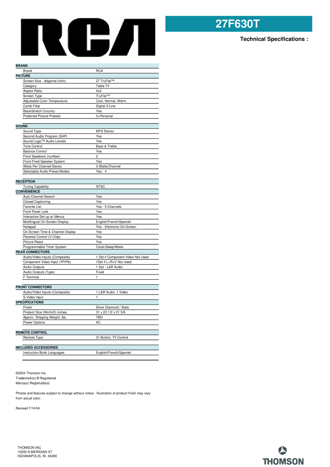 RCA 27F630T manual Technical Specifications 