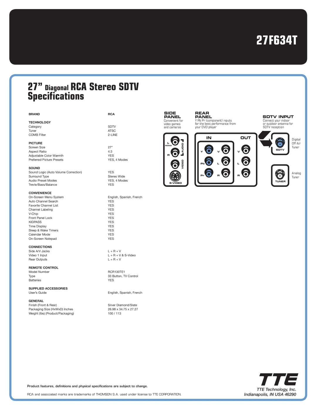 RCA 27F634T manual Diagonal RCA Stereo Sdtv Specifications, Side Panel, Rear Panel, Sdtv Input, Out 