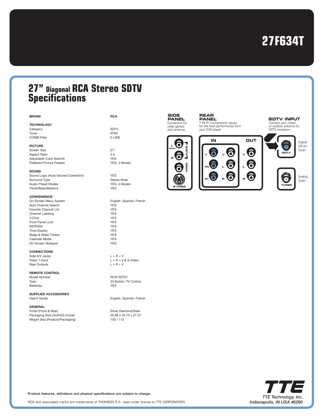 RCA 27F634T 27” Diagonal RCA Stereo SDTV Specifications, TTE Technology, Inc. Indianapolis, IN USA, Side Panel, Rear Panel 
