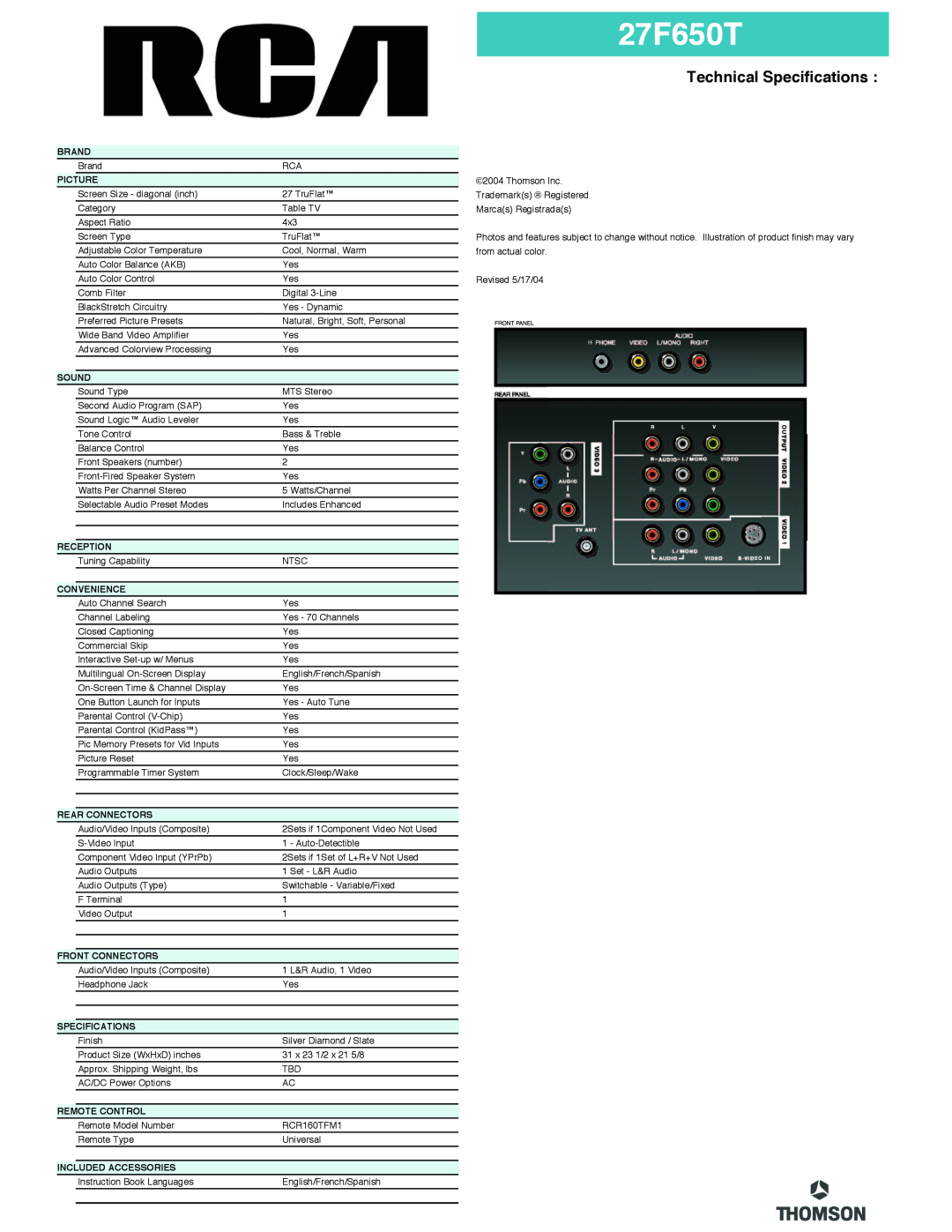 RCA 27F650T manual Technical Specifications 