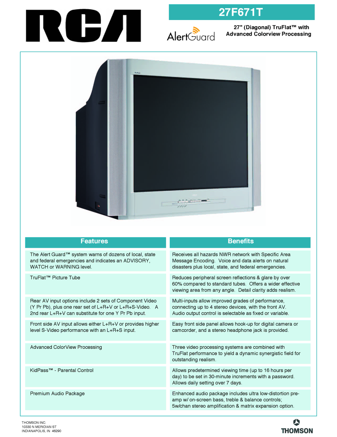 RCA 27F671T manual Features, Benefits, Diagonal TruFlat with Advanced Colorview Processing 