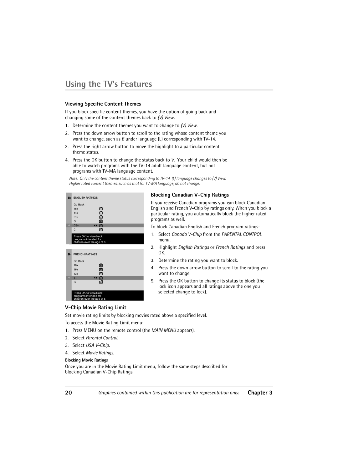 RCA 27R410T manual Viewing Specific Content Themes, Blocking Canadian V-Chip Ratings, Chip Movie Rating Limit 