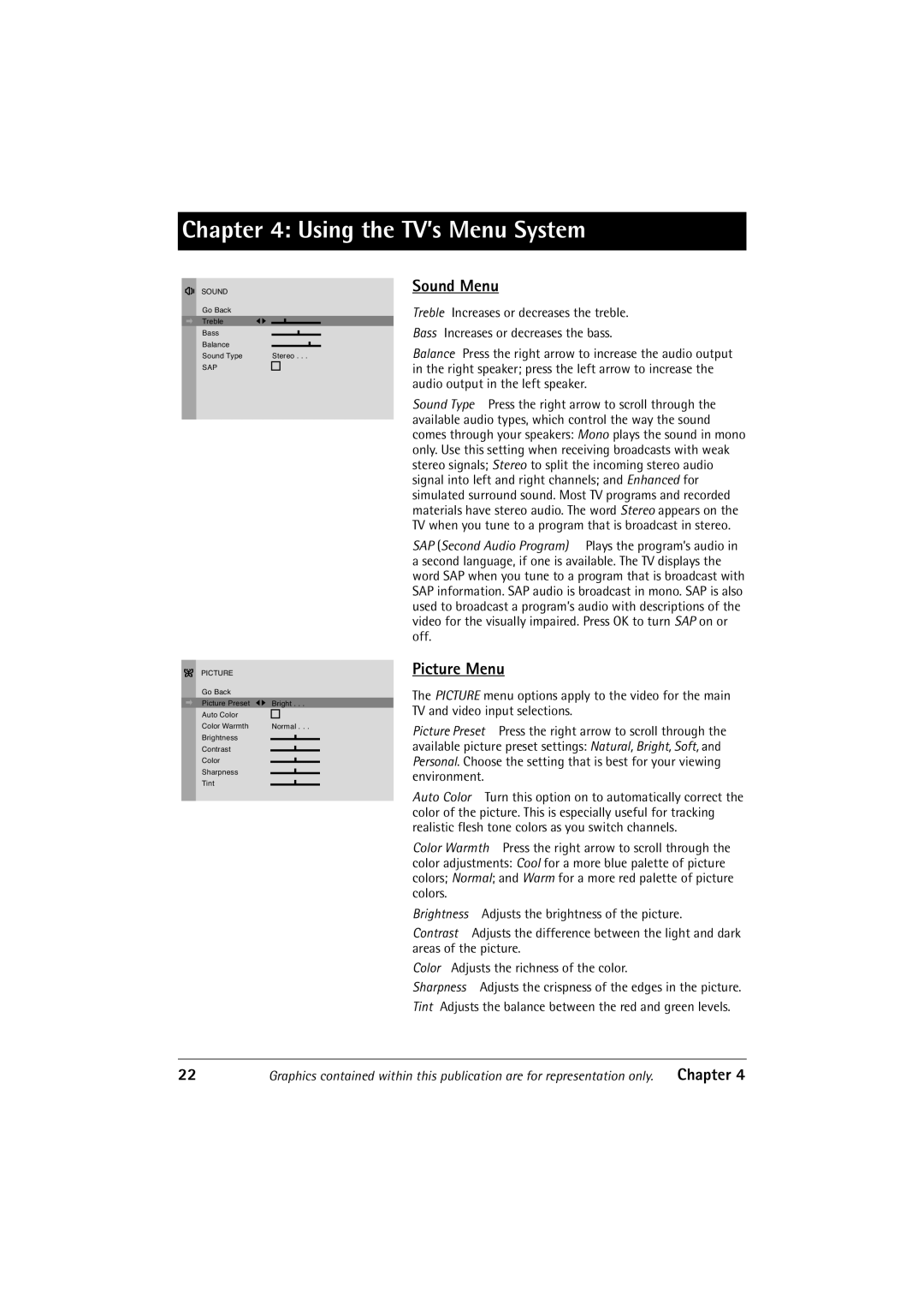 RCA 27R410T manual Sound Menu, Picture Menu 