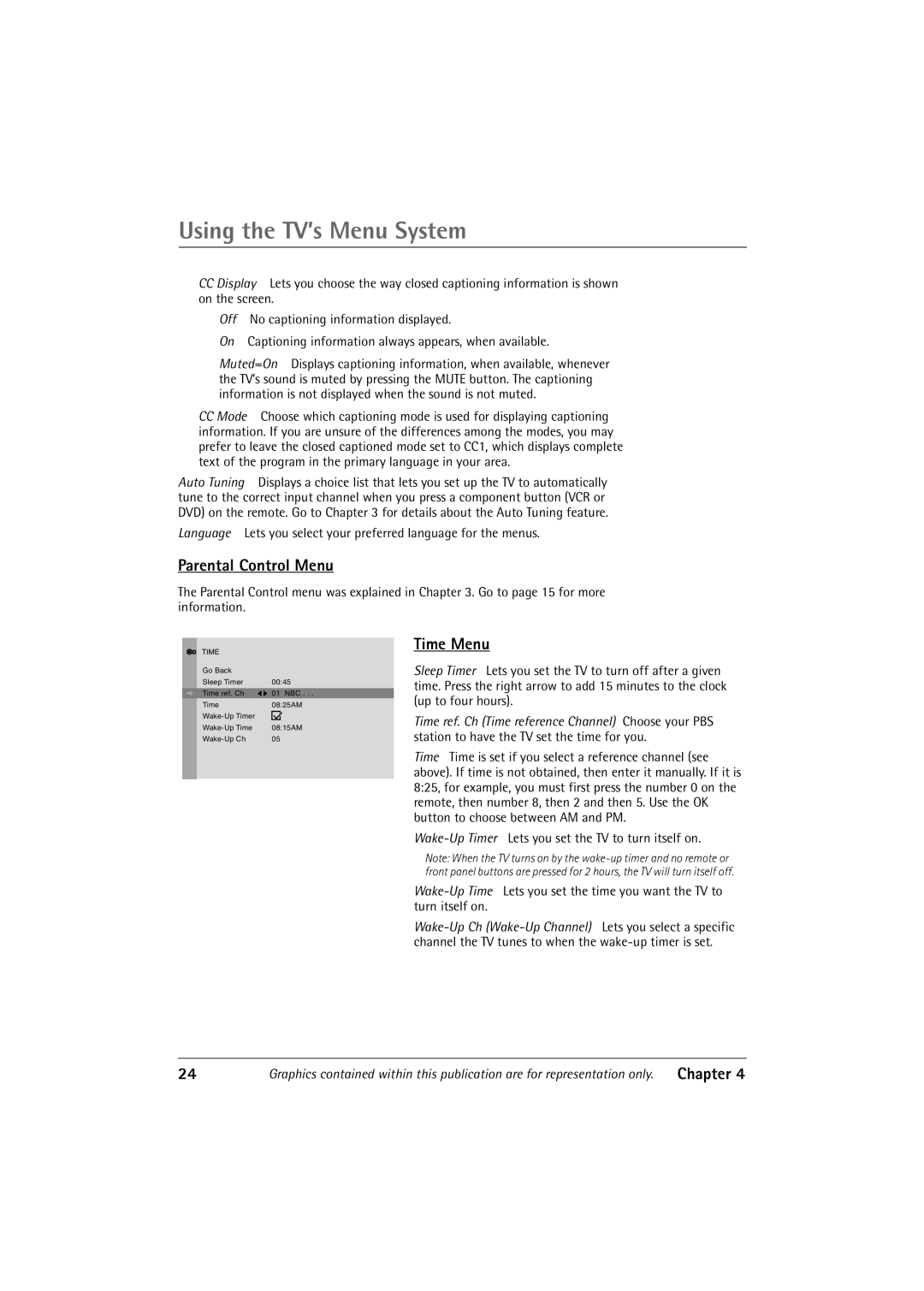 RCA 27R410T manual Parental Control Menu, Time Menu 