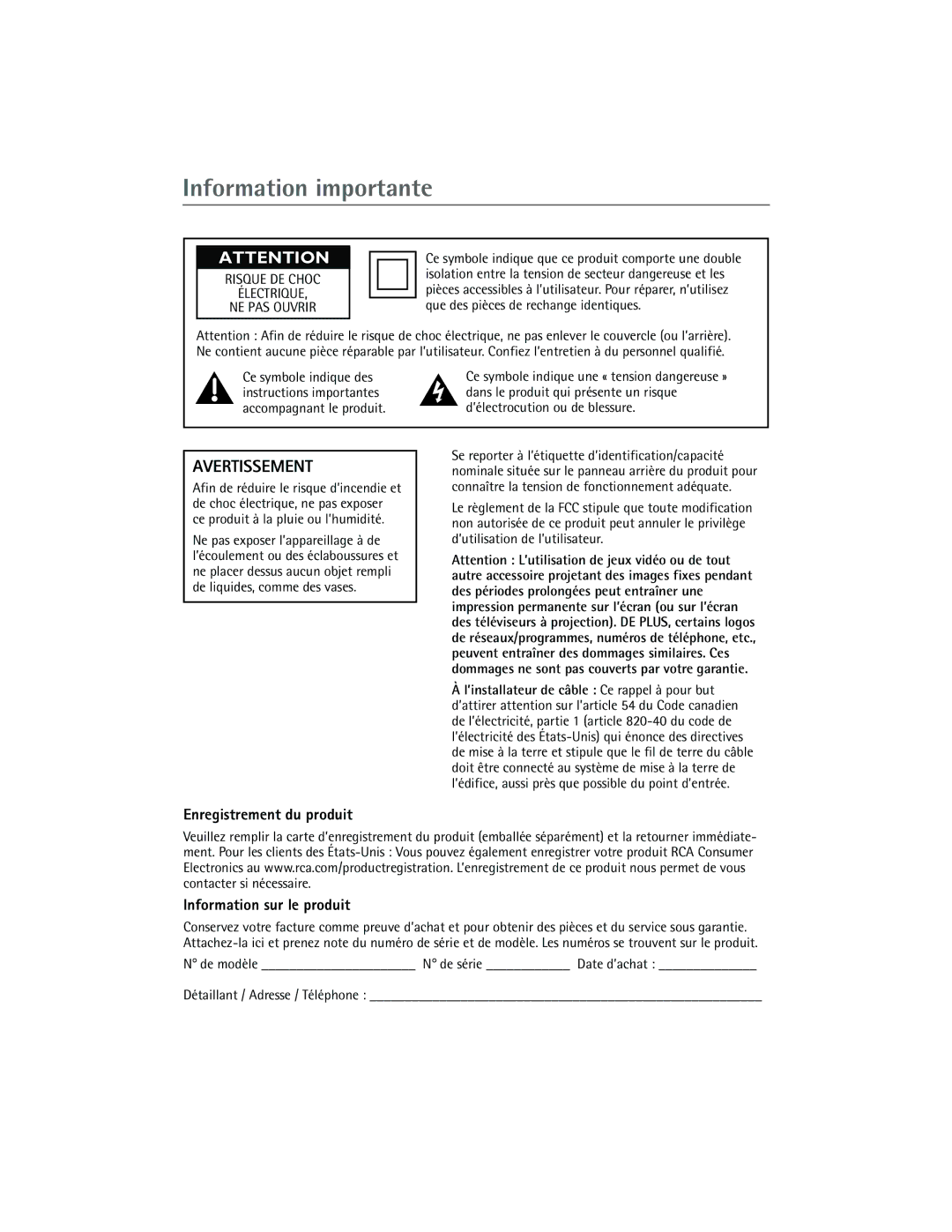 RCA 27R410T manual Information importante, Enregistrement du produit, Information sur le produit 