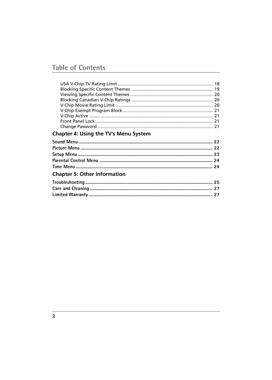 RCA 27R410T manual Table of Contents 