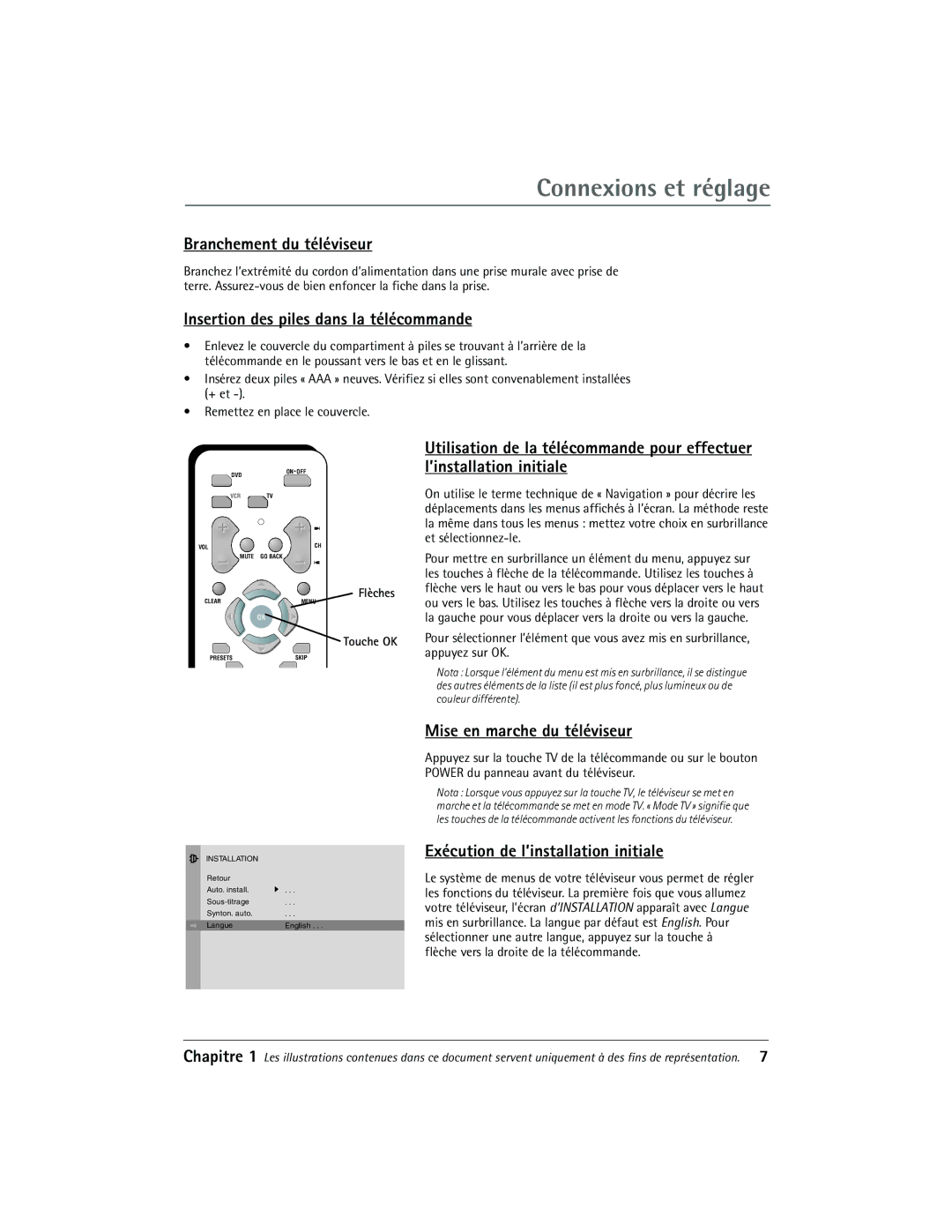 RCA 27R410T manual Branchement du téléviseur, Insertion des piles dans la télécommande, Mise en marche du téléviseur 