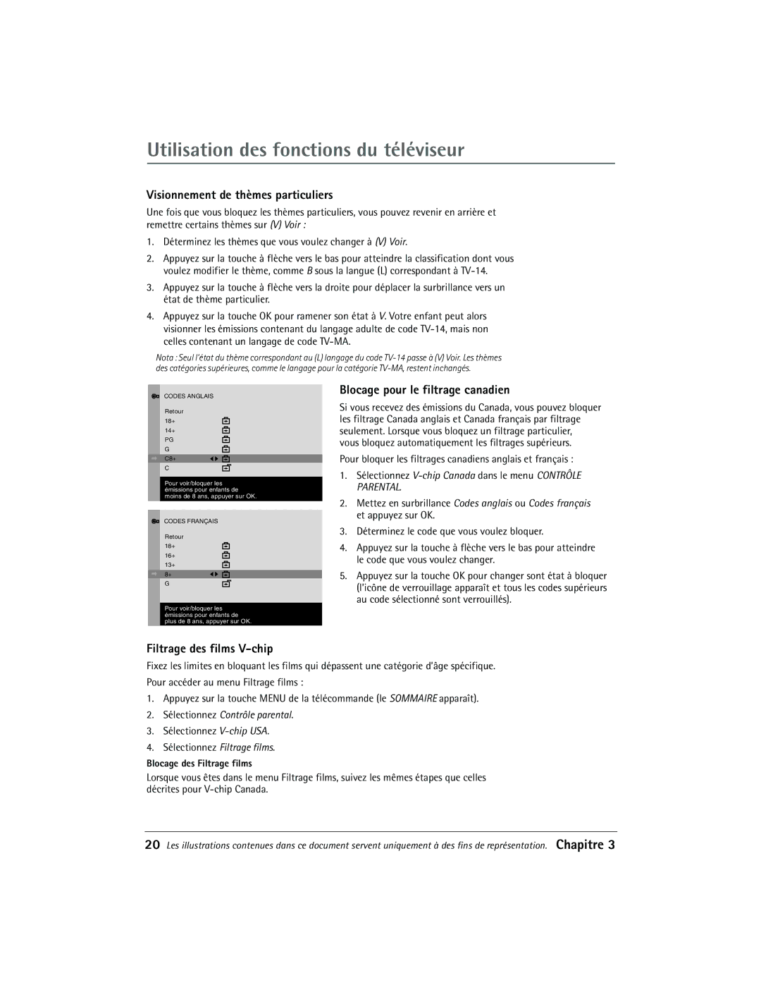 RCA 27R410T manual Visionnement de thèmes particuliers, Blocage pour le filtrage canadien, Filtrage des films V-chip 