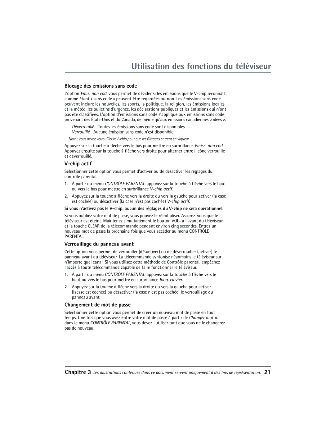 RCA 27R410T manual Blocage des émissions sans code, Chip actif, Verrouillage du panneau avant, Changement de mot de passe 