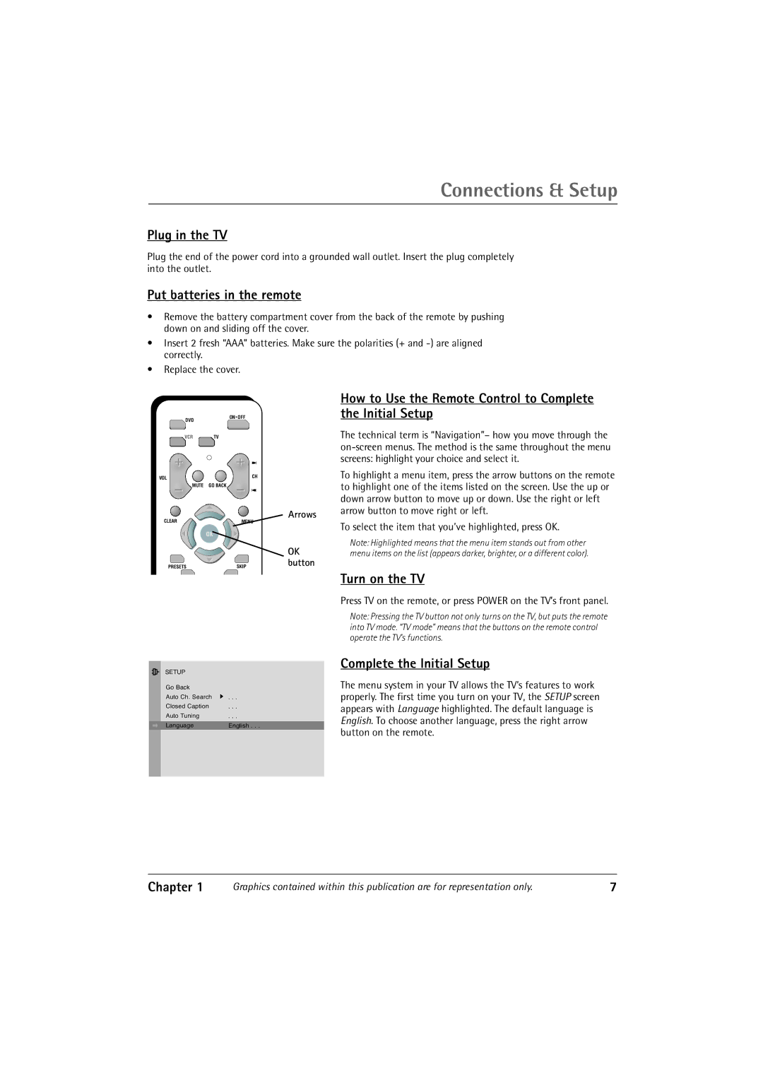 RCA 27R410T manual Plug in the TV, Put batteries in the remote, How to Use the Remote Control to Complete the Initial Setup 