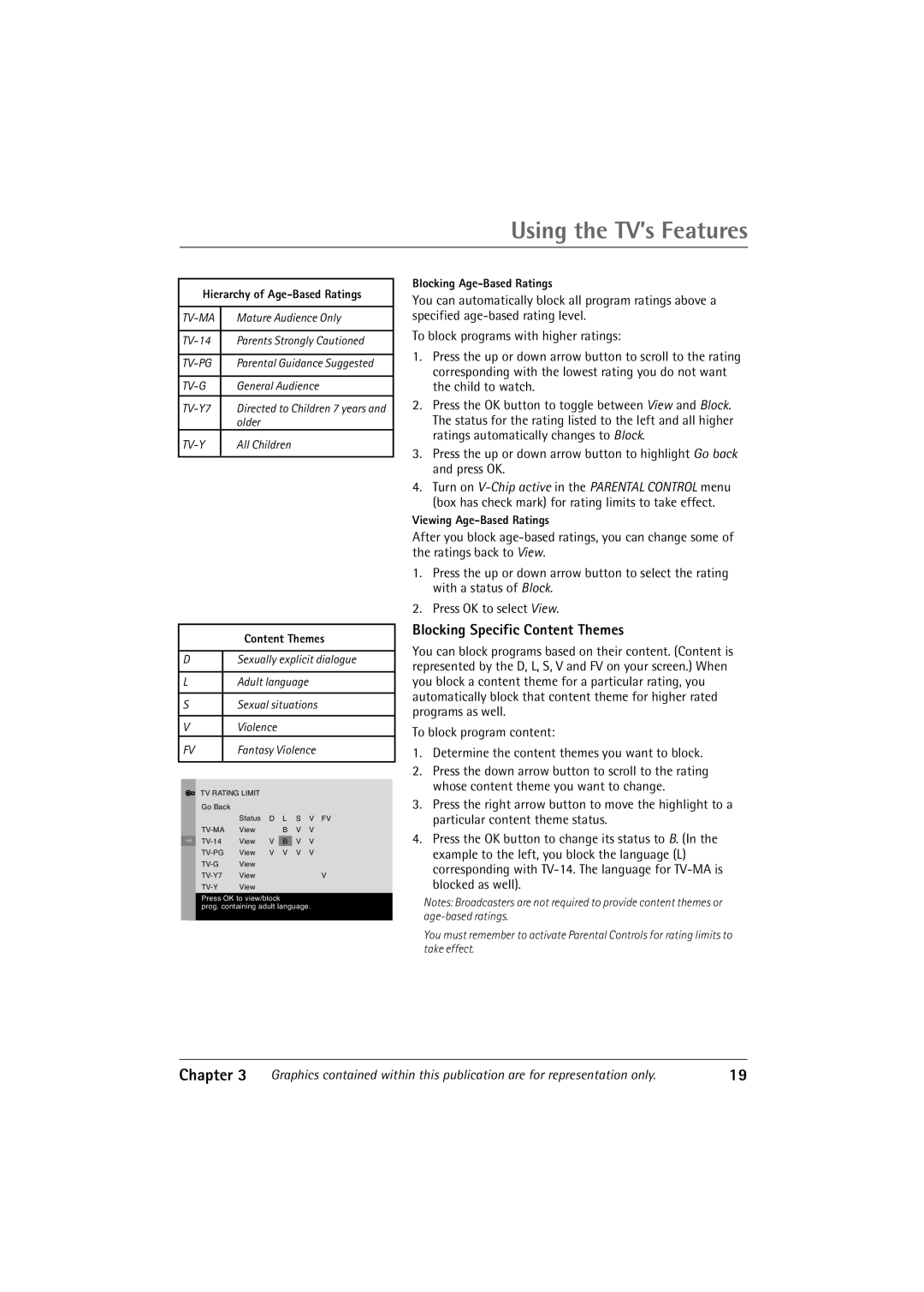 RCA 27R410T manual Using the TV’s Features, Blocking Specific Content Themes, Chapter 
