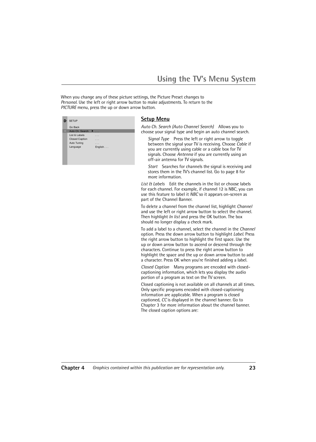 RCA 27R410T manual Using the TV’s Menu System, Setup Menu, Chapter 