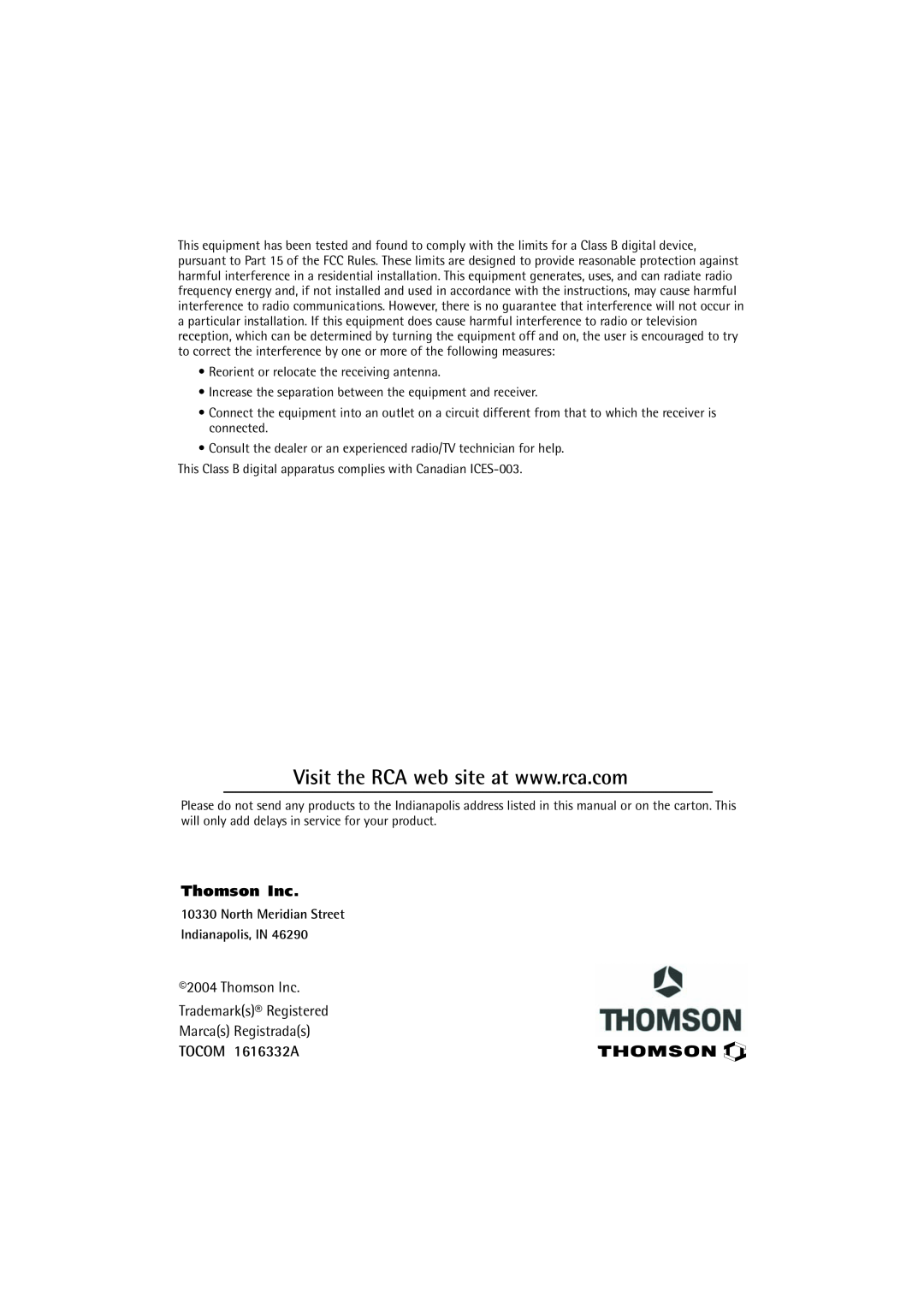 RCA 27R410T manual TOCOM 1616332A, Thomson Inc Trademarks¨ Registered Marcas Registradas 