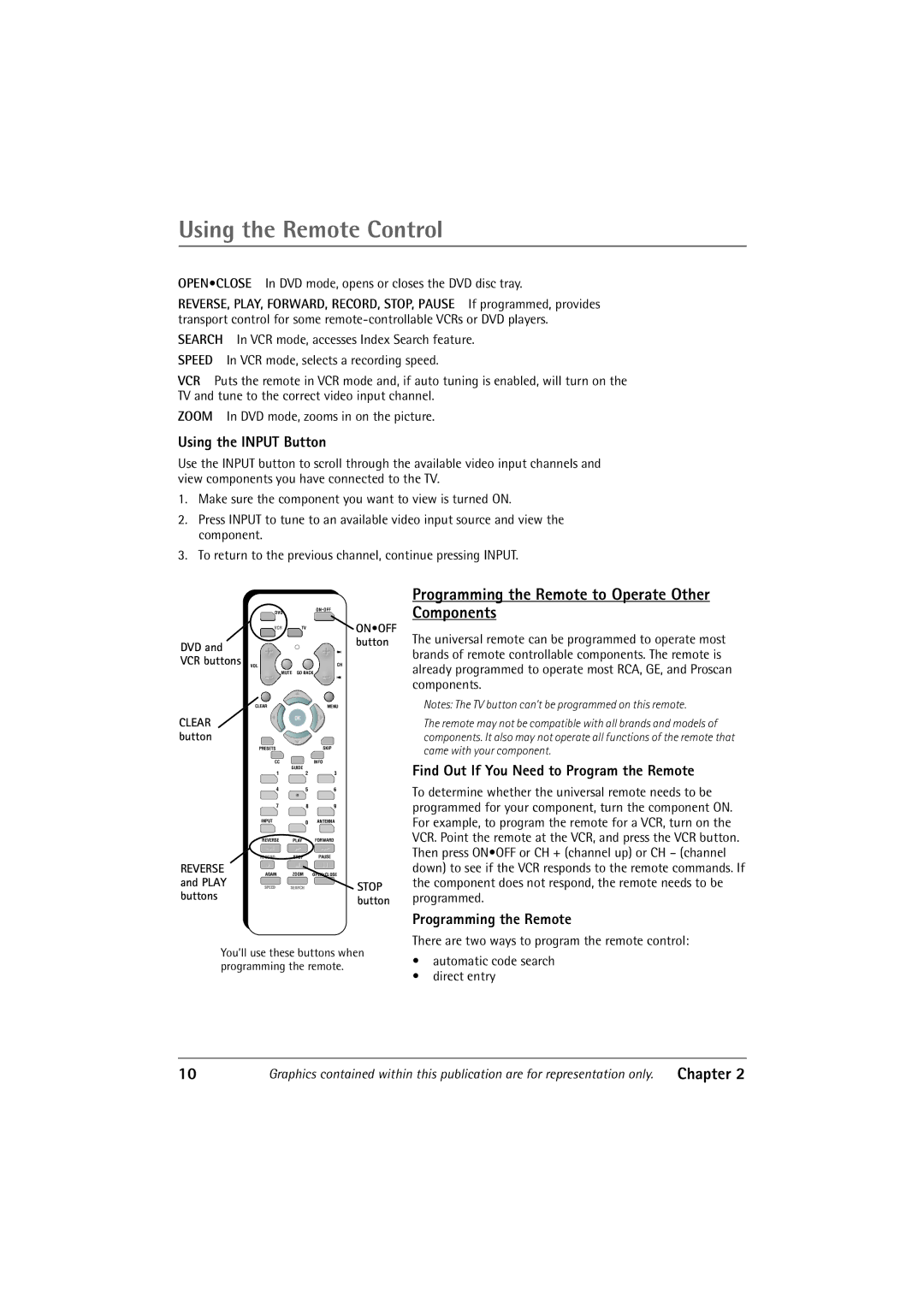 RCA 27R411T manual Using the Remote Control, Programming the Remote to Operate Other Components, Using the Input Button 