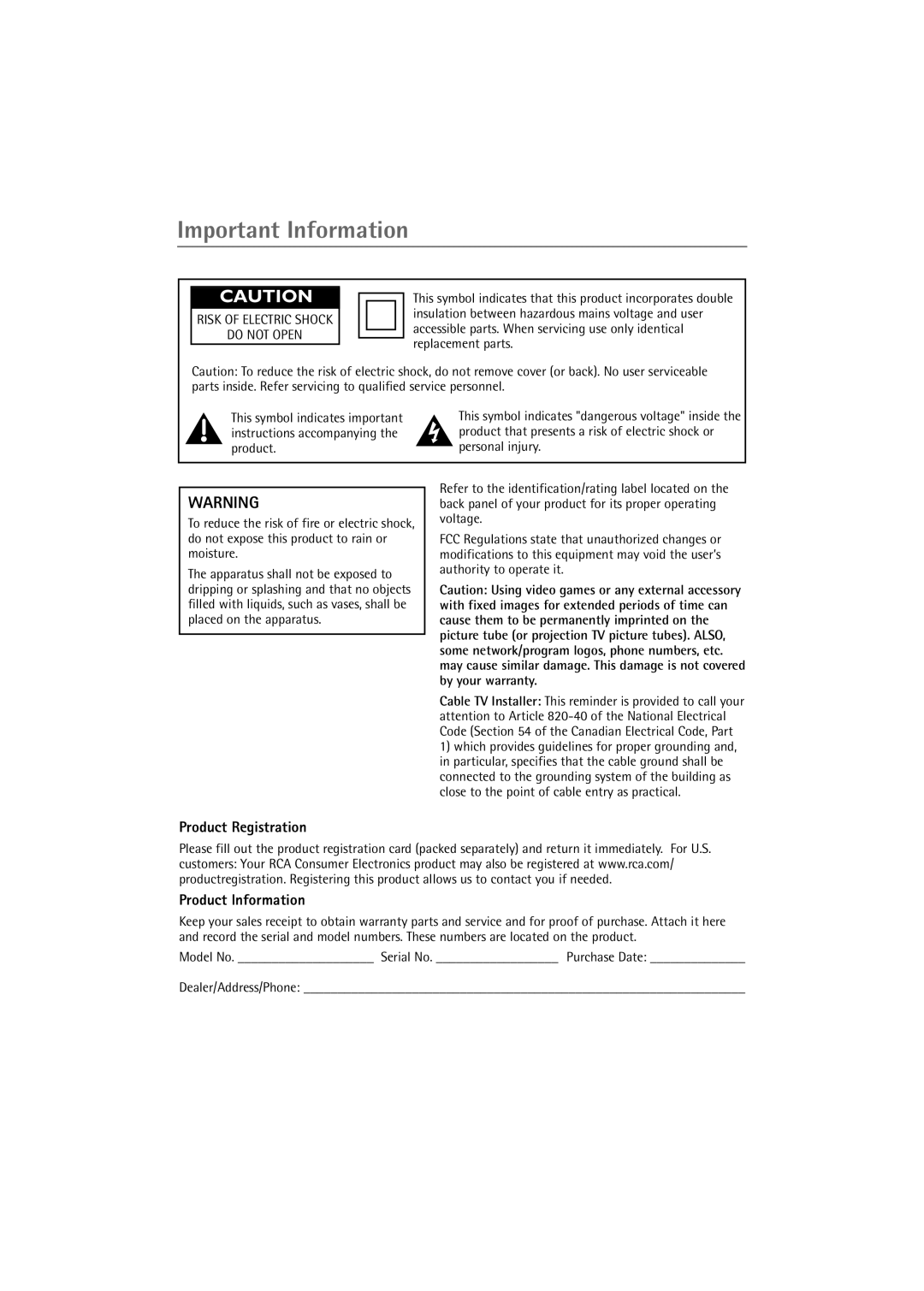 RCA 27R411T manual Important Information, Product Registration, Product Information 