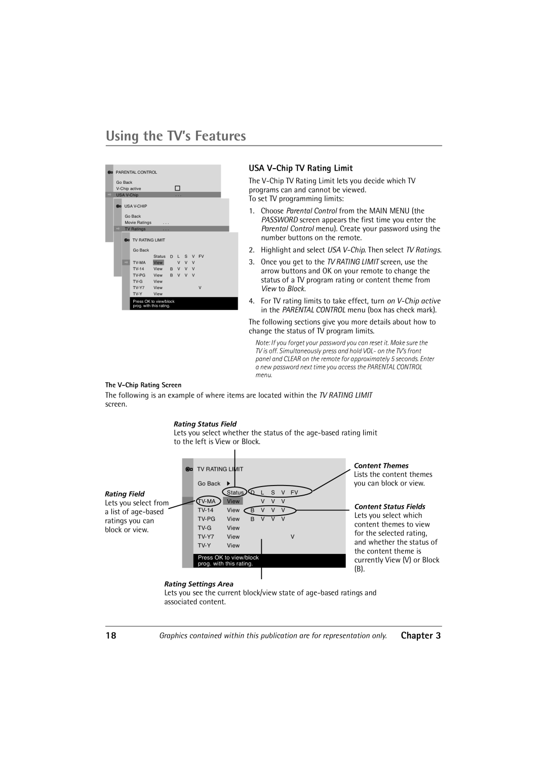 RCA 27R411T manual USA V-Chip TV Rating Limit, V-Chip Rating Screen 