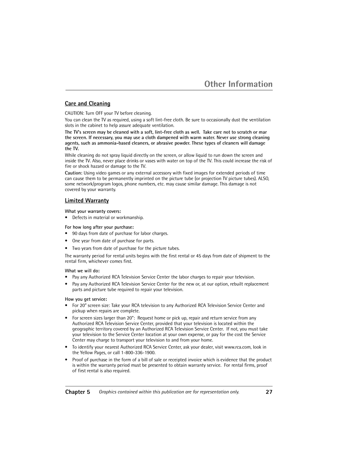 RCA 27R411T manual Care and Cleaning, Limited Warranty 