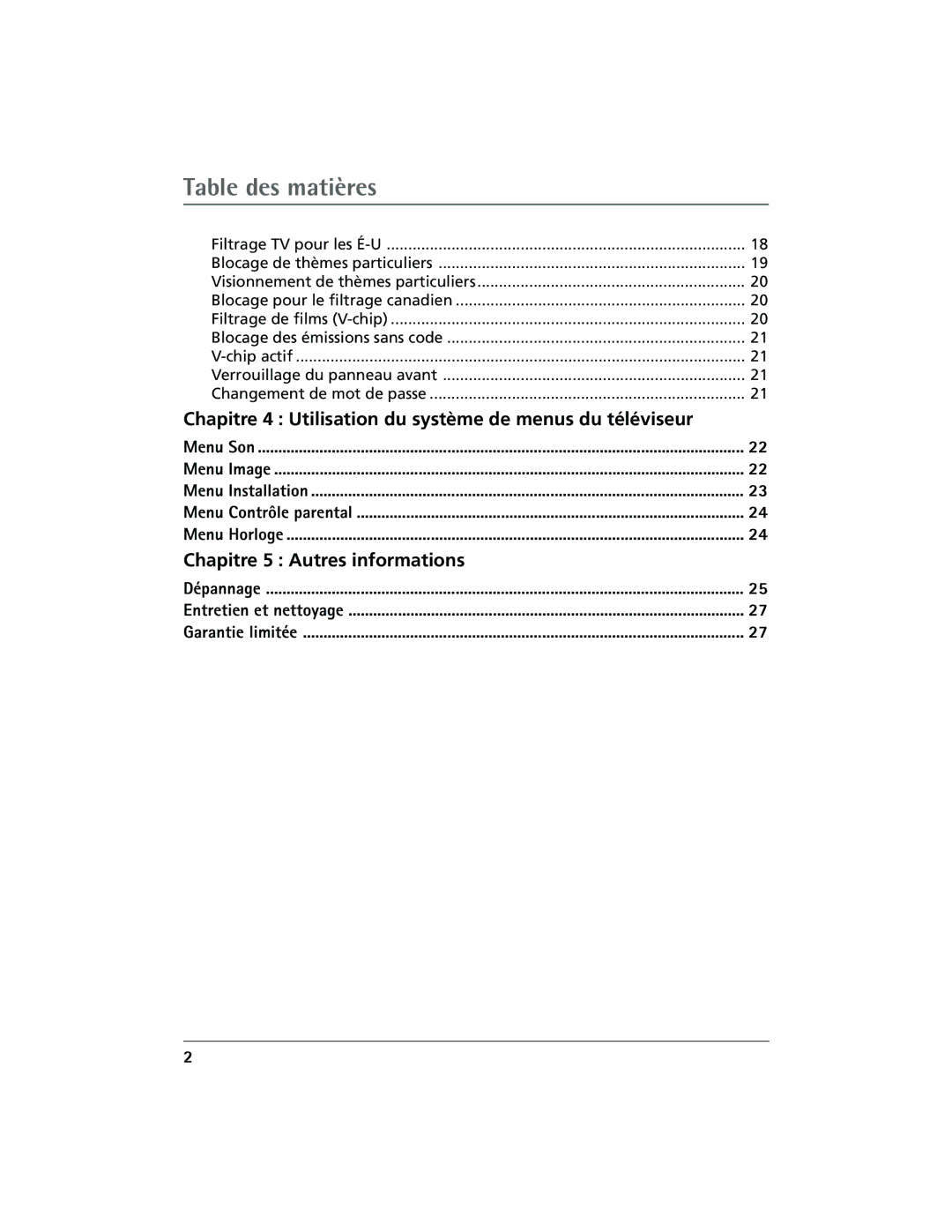 RCA 27R411T manual Table des matières 