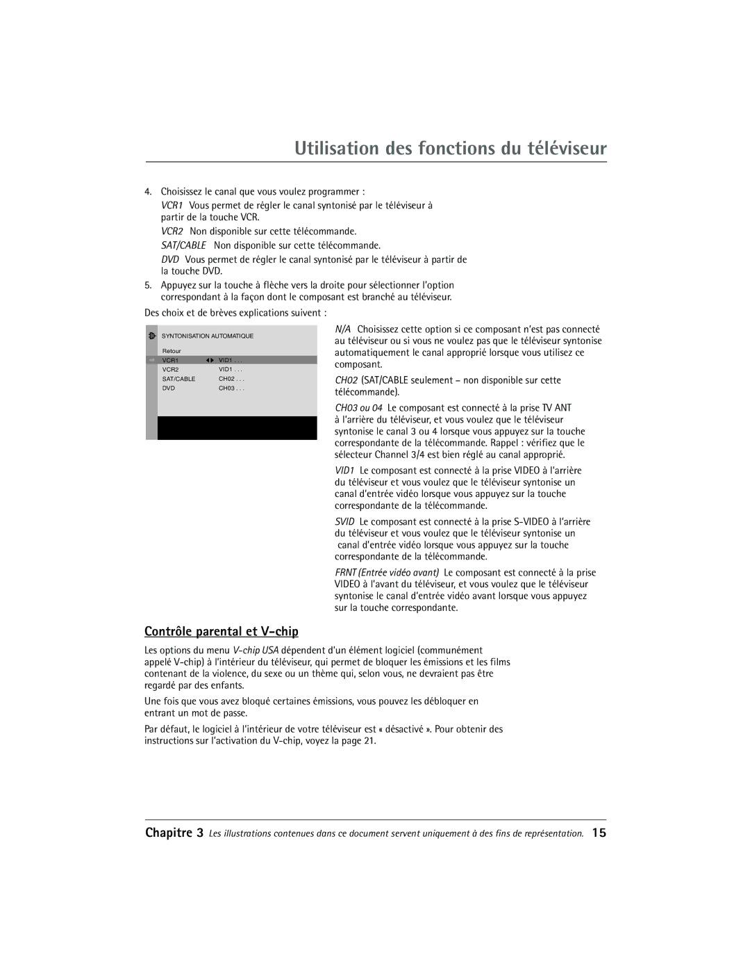 RCA 27R411T manual Utilisation des fonctions du téléviseur, Contrôle parental et V-chip 