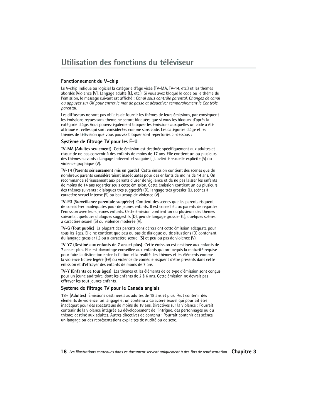 RCA 27R411T Fonctionnement du V-chip, Système de filtrage TV pour les É-U, Système de filtrage TV pour le Canada anglais 