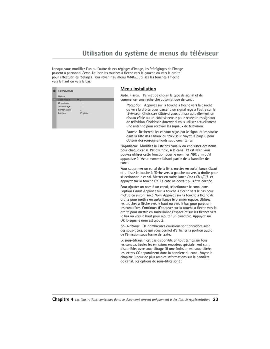 RCA 27R411T manual Utilisation du système de menus du téléviseur, Menu Installation 