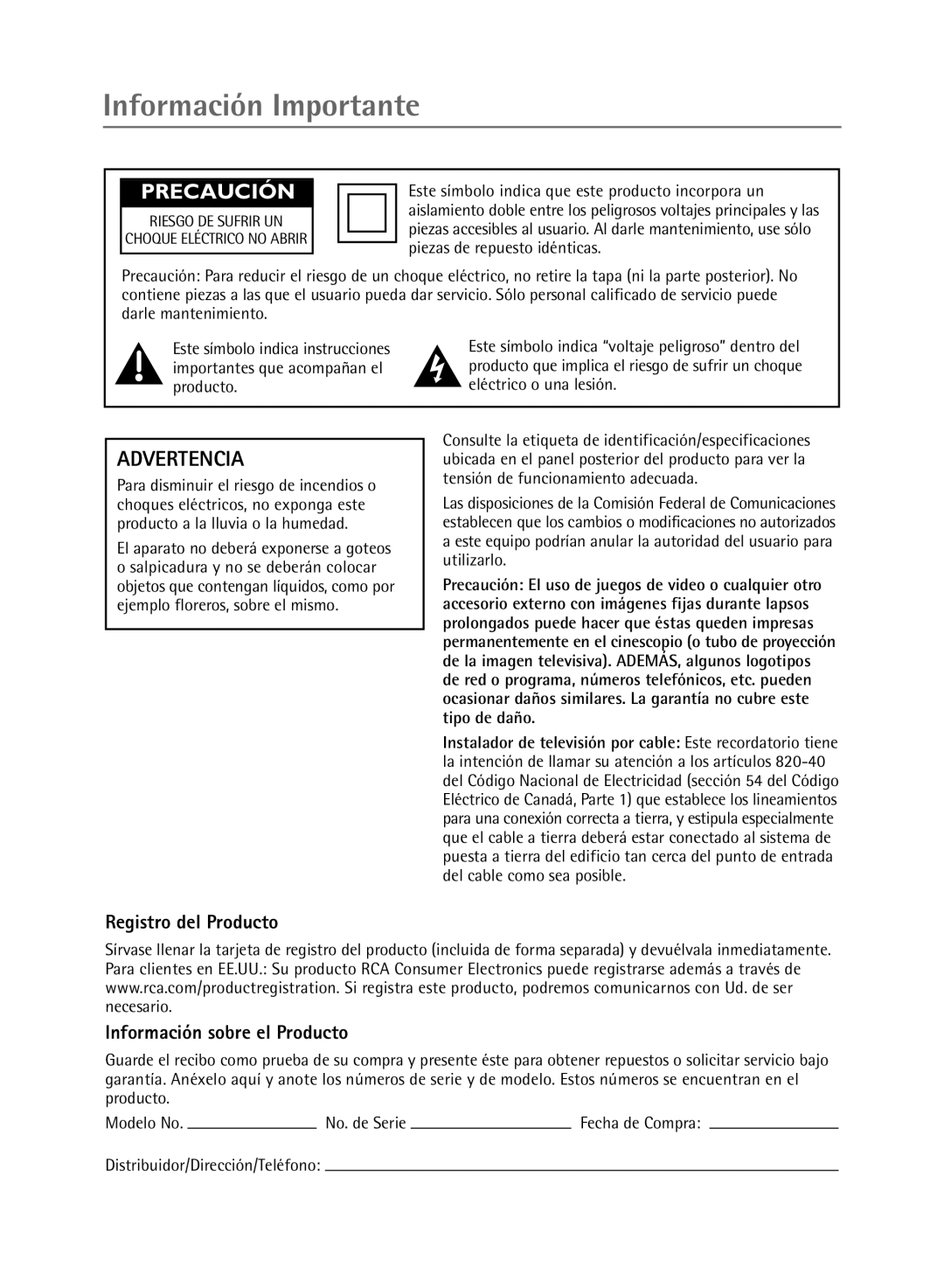 RCA 27R430T Información Importante, Registro del Producto Información sobre el Producto, Distribuidor/Dirección/Teléfono 