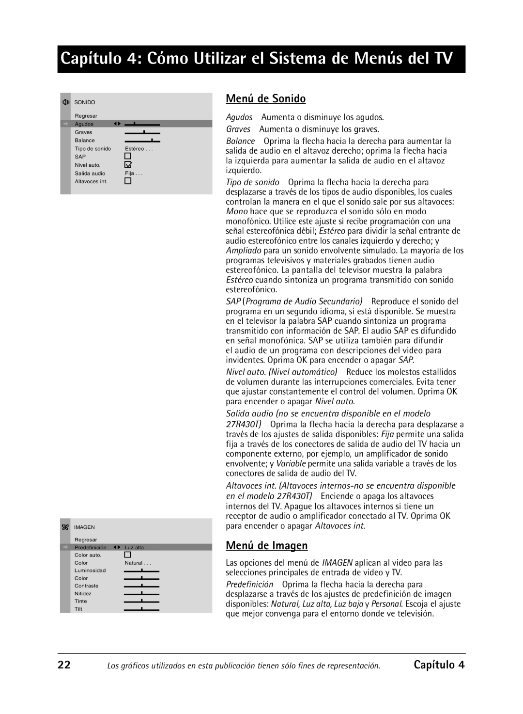 RCA 27R430T manual Menú de Sonido, Menú de Imagen 