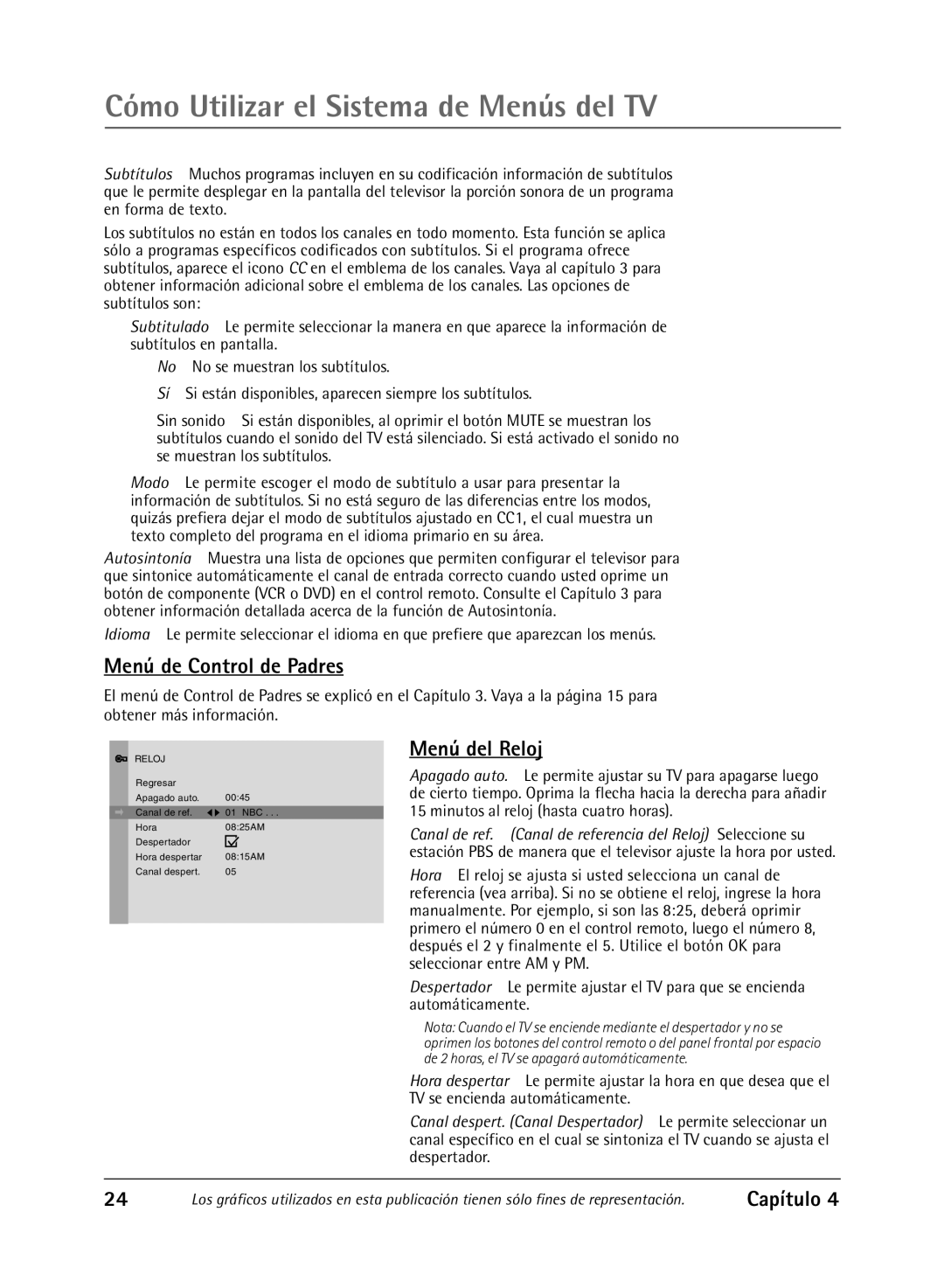 RCA 27R430T manual Menú de Control de Padres, Menú del Reloj 